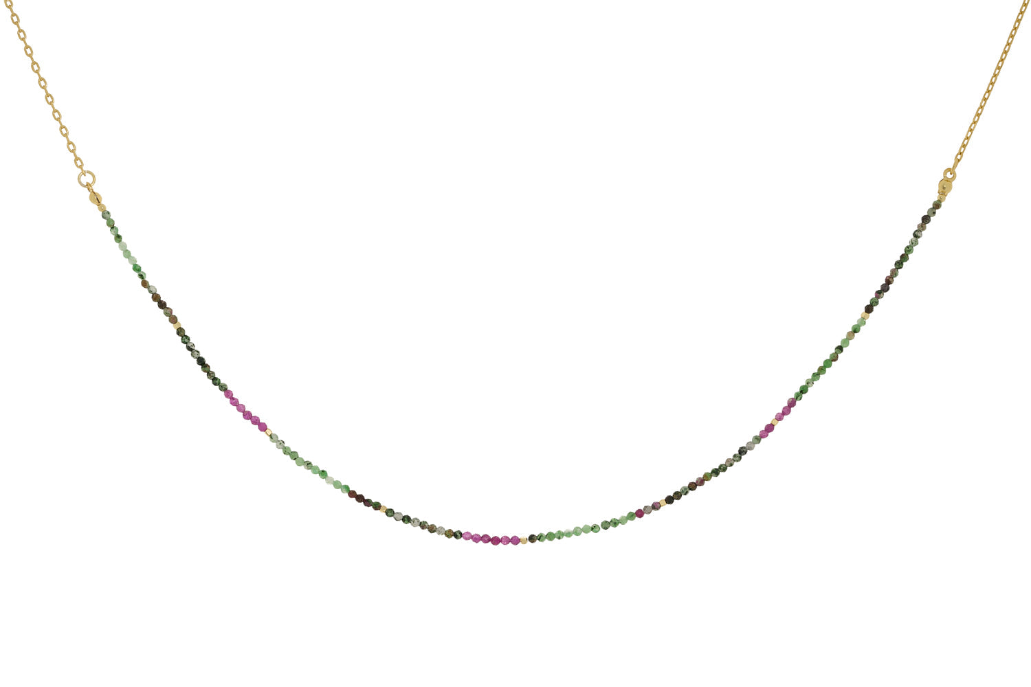 Ember Ruby Zoisite & Gold Beaded Gemstone Necklace with green and pink stones, gold accents, and an adjustable 12k gold-plated chain.