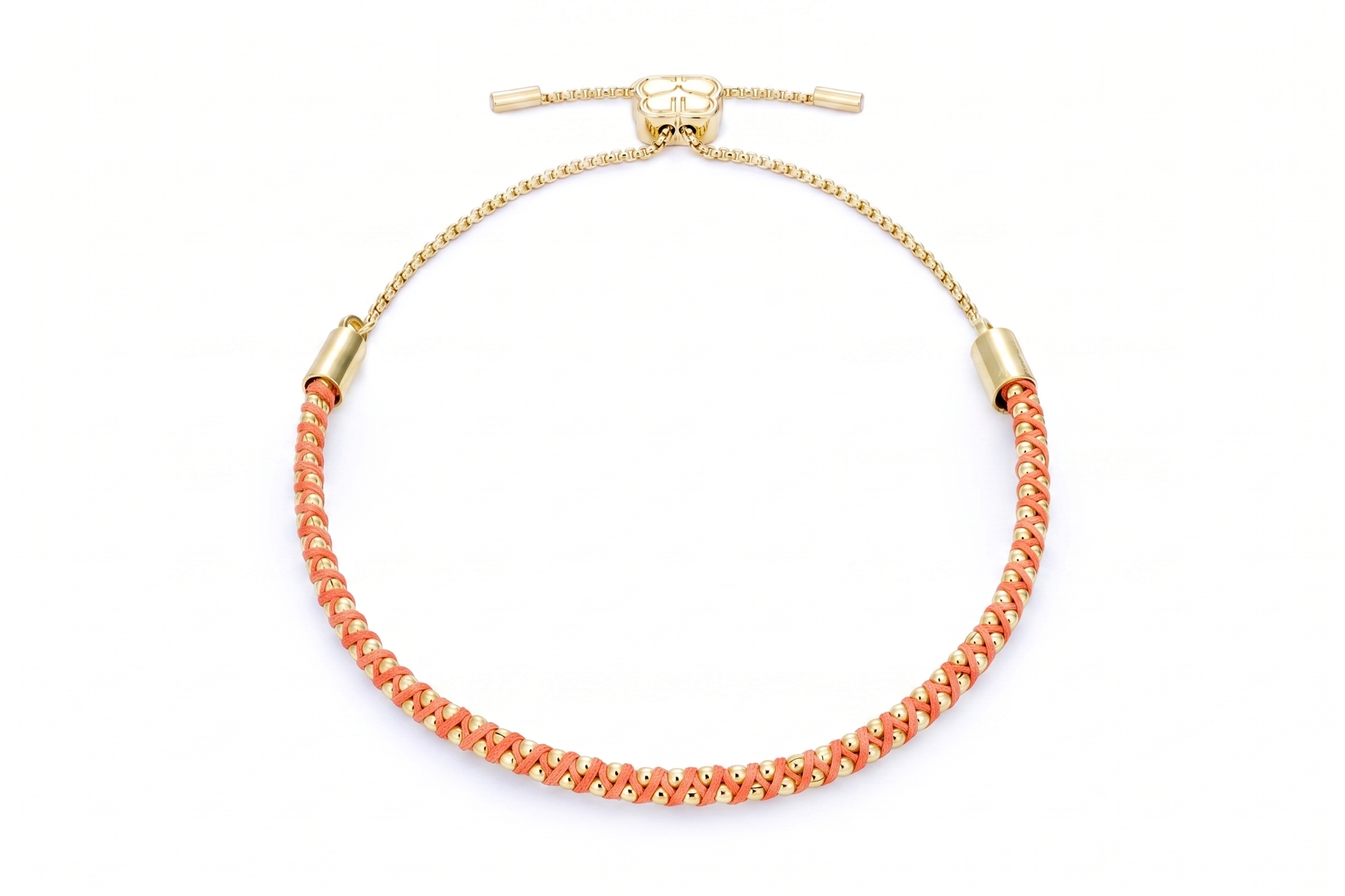 Emelia Gold & Neon Orange Woven Bracelet with bright orange braided cord, polished gold beads and adjustable slider fastening.