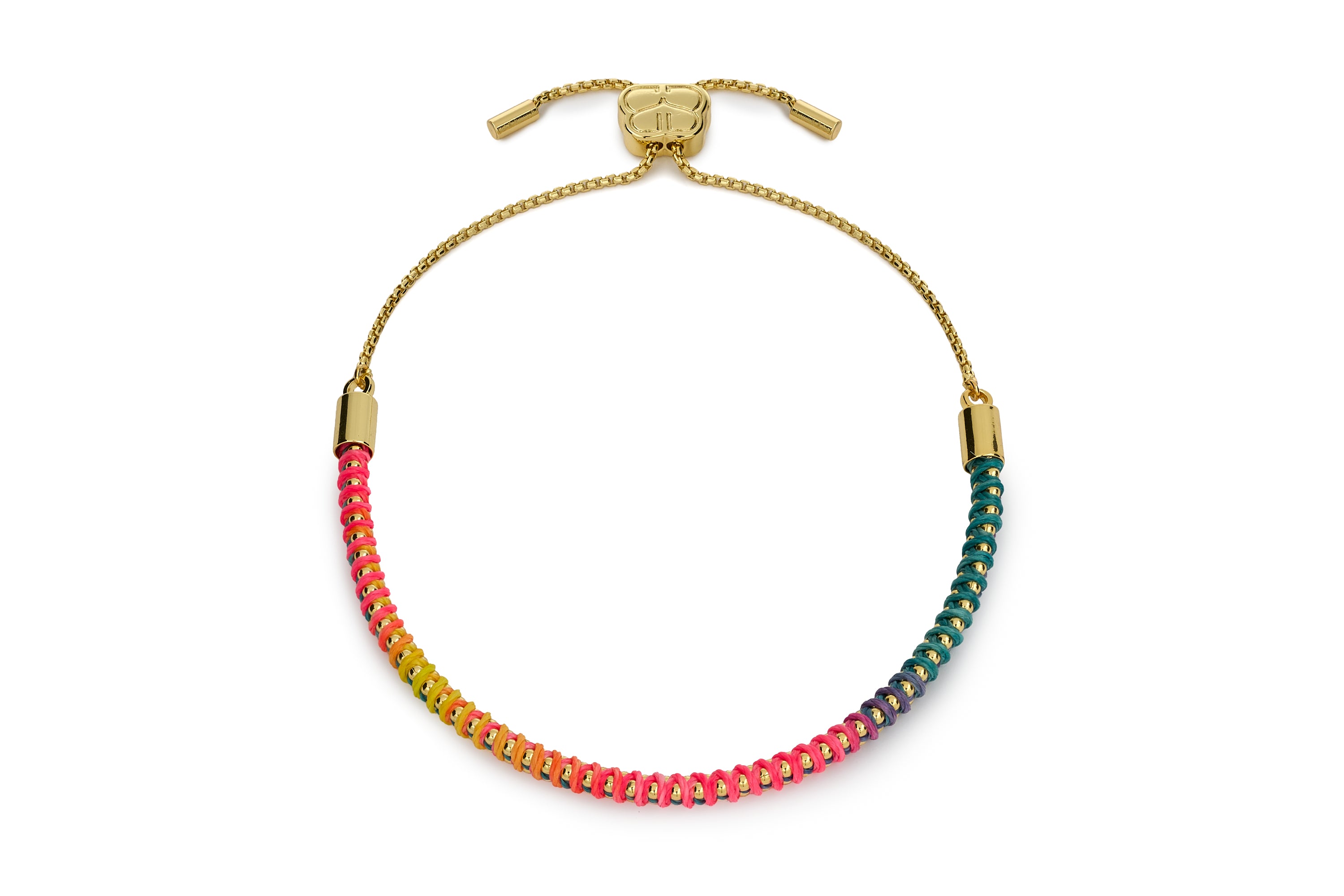Emelia Havana Brights Gold Braided Bracelet featuring vibrant woven threads with waterproof 14k Gold PVD stainless steel chain.