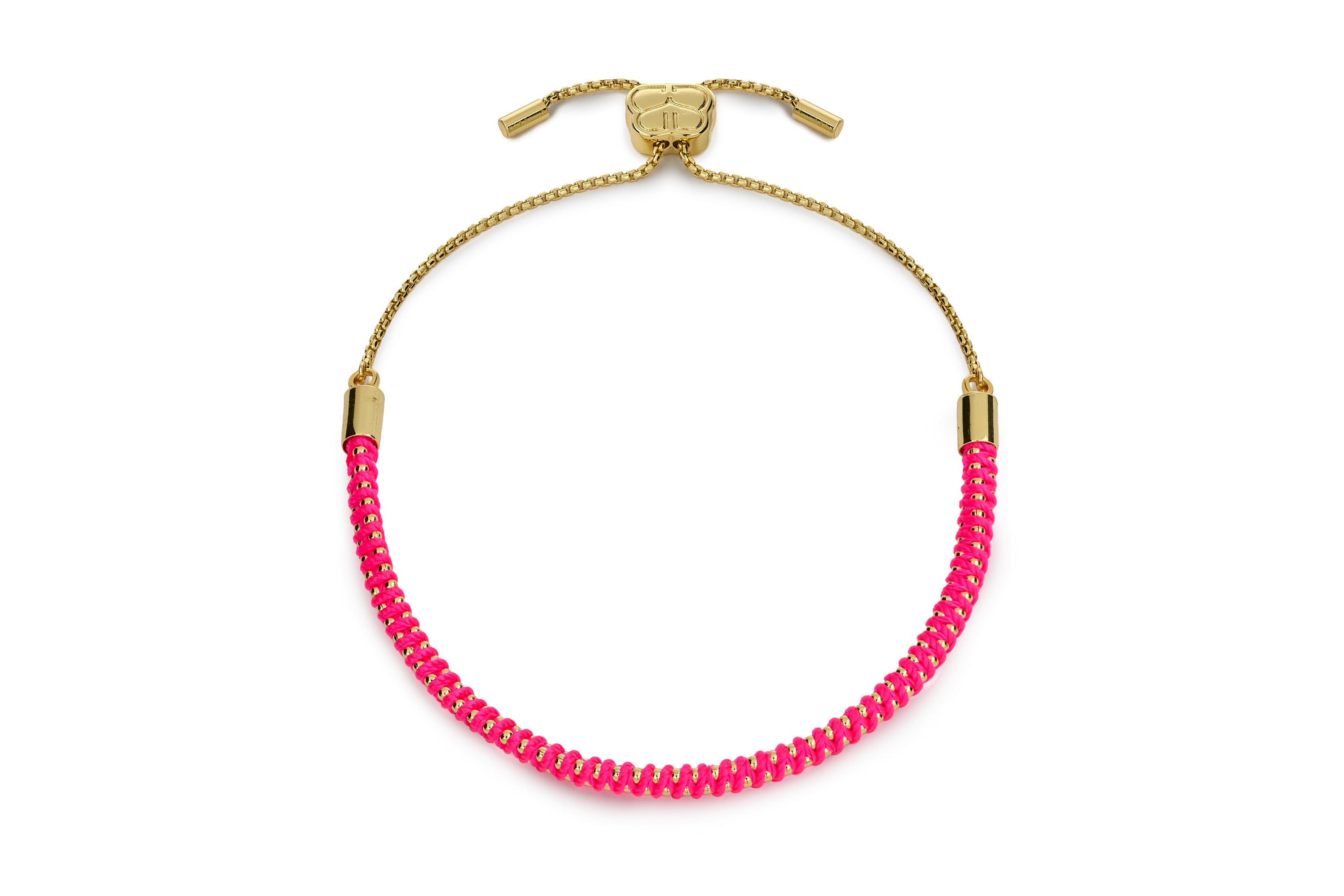Emelia Woven Gold & Hot Pink Bracelet with bright pink woven cord, polished gold detailing and adjustable slider fastening.