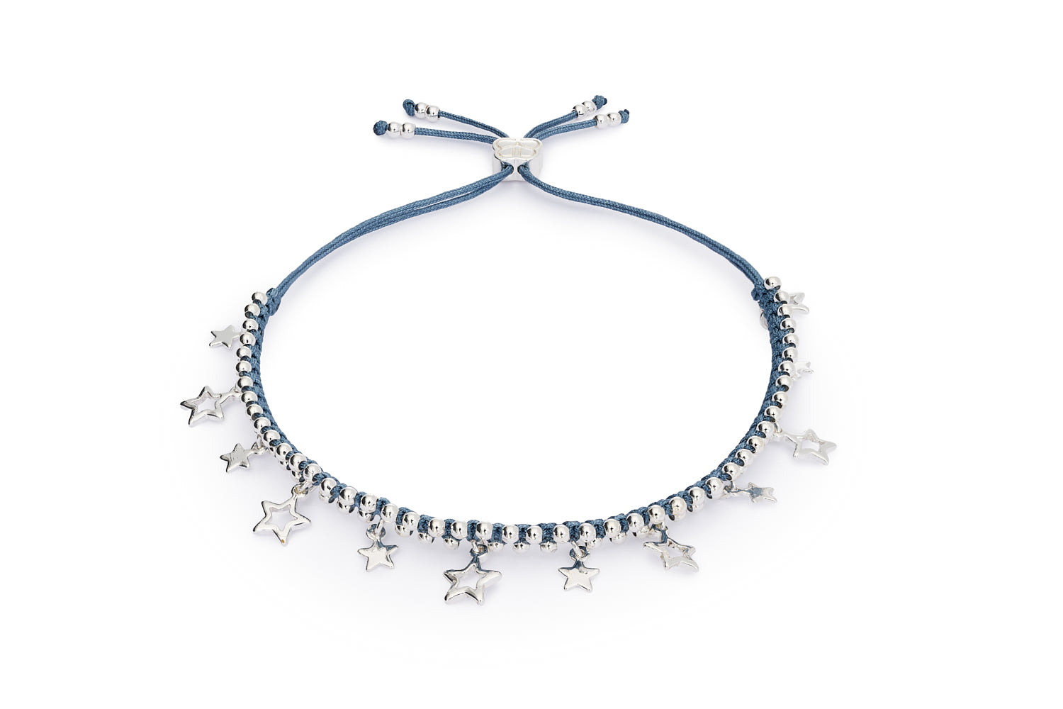 Estelle denim-blue braided bracelet with silver star charms by Boho Betty