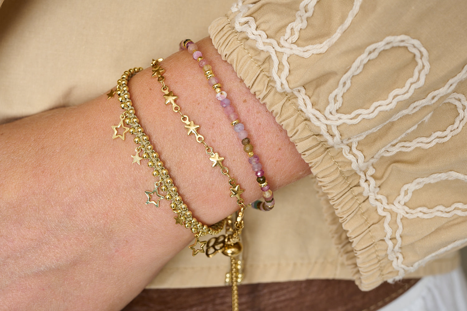 Glimmering Gold stacking styling with the Estelle Taupe Gold, Alina Star Bracelet and the Dash Tourmaline.