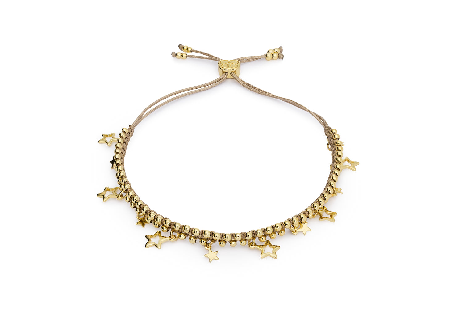 Estelle Taupe & Gold Star Charm Bracelet with braided taupe cord, gold star charms, and Boho Betty signature accent.