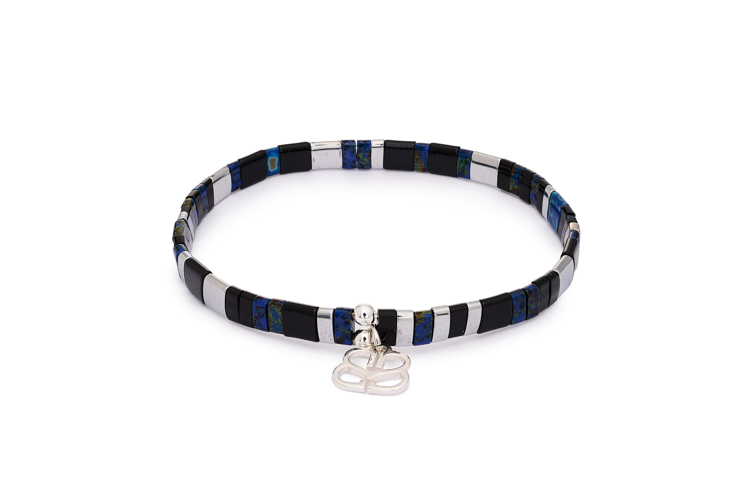 Fantasy Tila Navy & Silver Bracelet with square-cut navy, silver, and black beads in a stretch design, finished with Boho Betty charm.