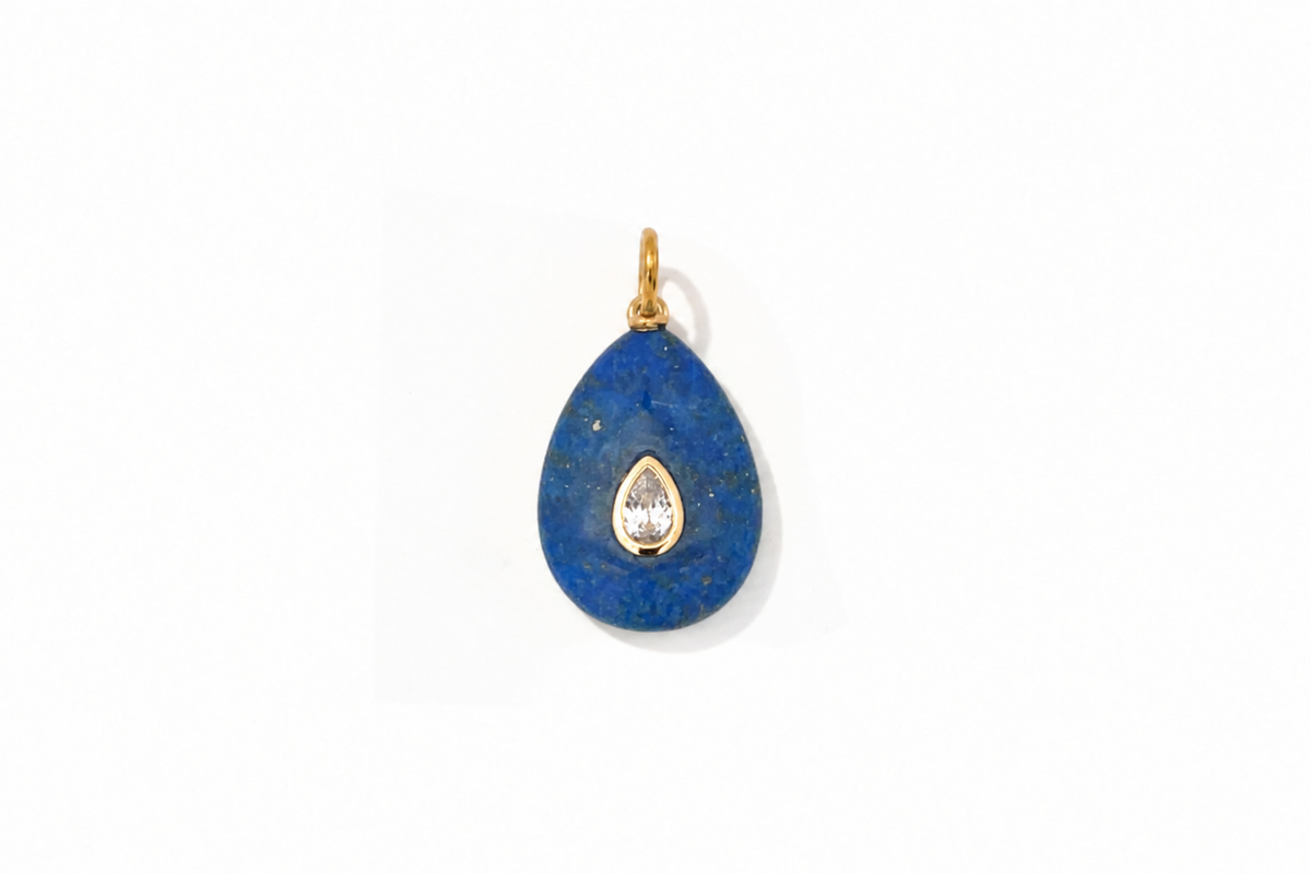Fleur lapis lazuli teardrop gemstone charm in gold, a Boho Betty AW26 waterproof collectable charm