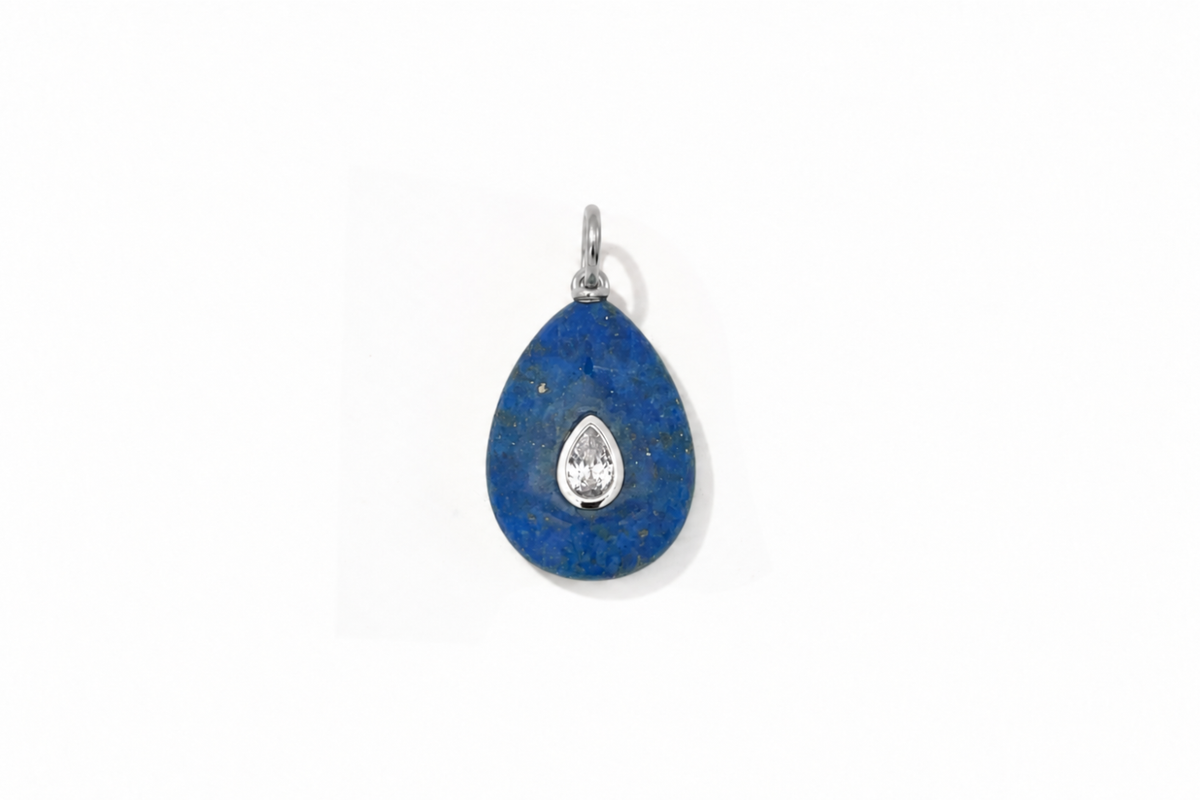 Fleur lapis lazuli teardrop gemstone charm in silver, a Boho Betty AW26 waterproof collectable charm
