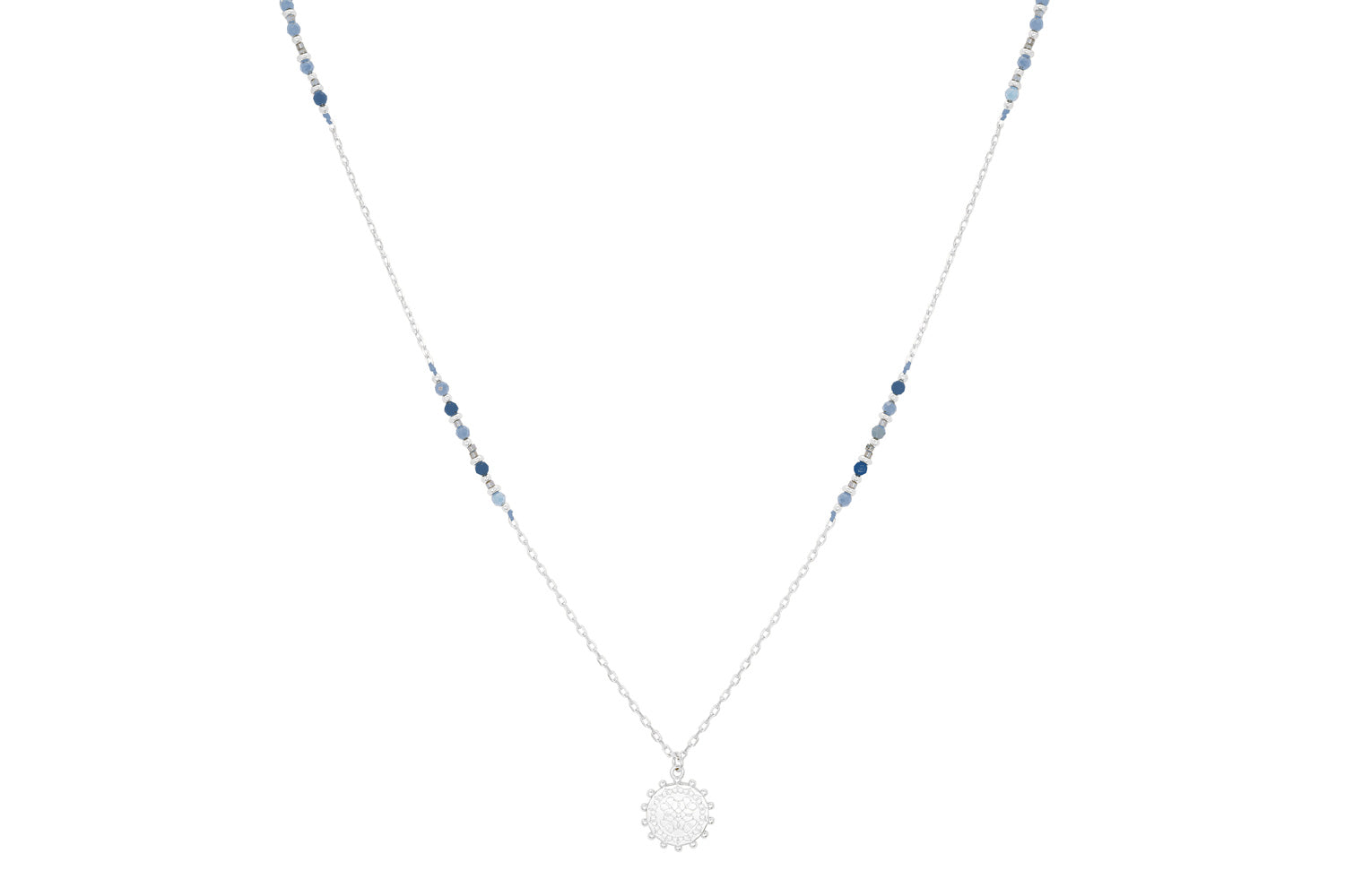 Flora sodalite silver long necklace with mandala pendant and 76cm sterling silver-plated chain