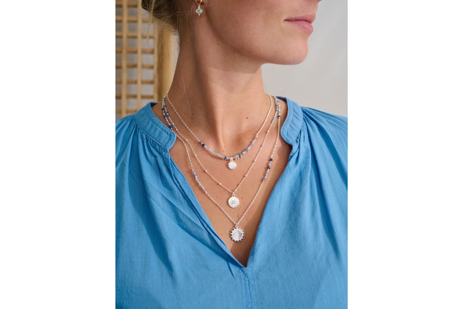 Flora sodalite silver long necklace styled with Boho Betty layered jewellery
