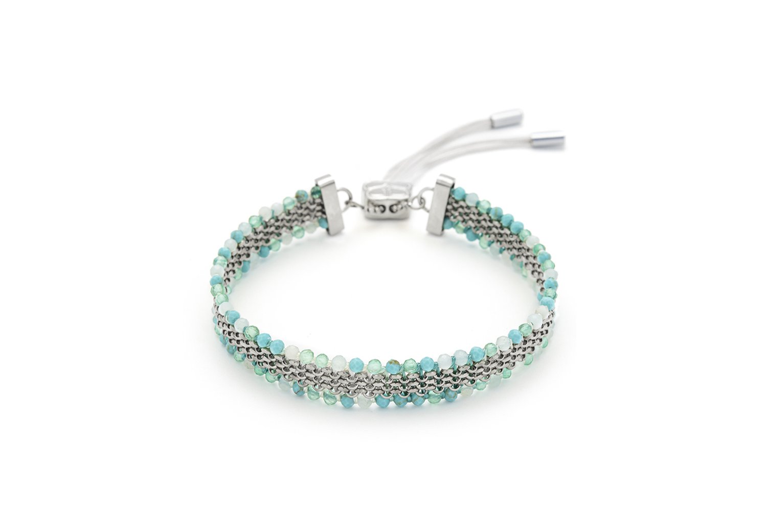 Freya Amazonite Mix Silver Braided Bracelet with soft blue and green amazonite gemstone beads and silver PVD stainless steel chain detailing