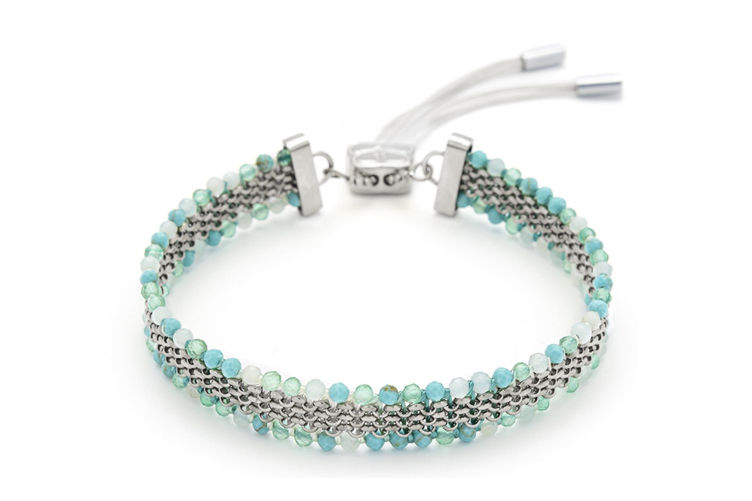 Freya Amazonite Mix Silver Braided Bracelet with soft blue and green amazonite gemstone beads and silver PVD stainless steel chain detailing