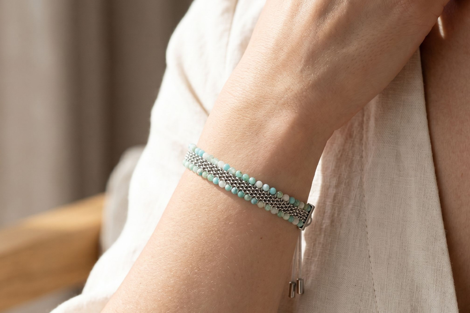 Freya Amazonite Silver Braided Bracelet worn on the wrist, showcasing layered amazonite beads and silver tones, perfect for stacking and everyday styling