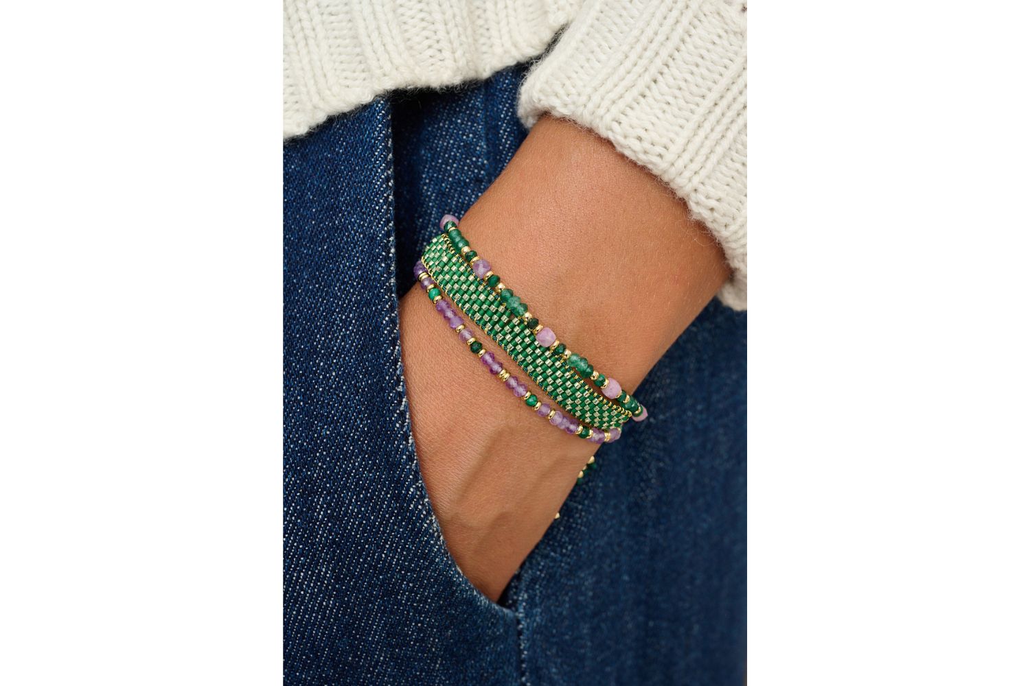 Fritta Green & Gold Beaded Friendship Bracelet featured on wrist with Boho Betty stacking bracelets