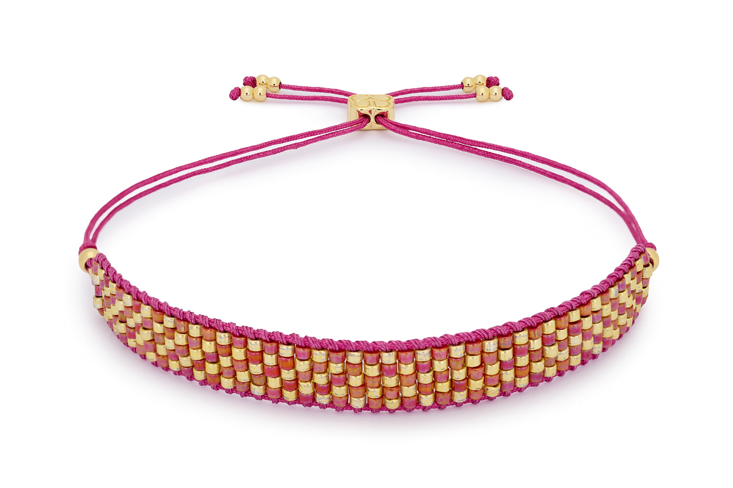 Fritta Pink Gold Friendship Bracelet featuring a bold pink and gold checkerboard pattern crafted with Japanese Miyuki beads, and an adjustable slider fastening.