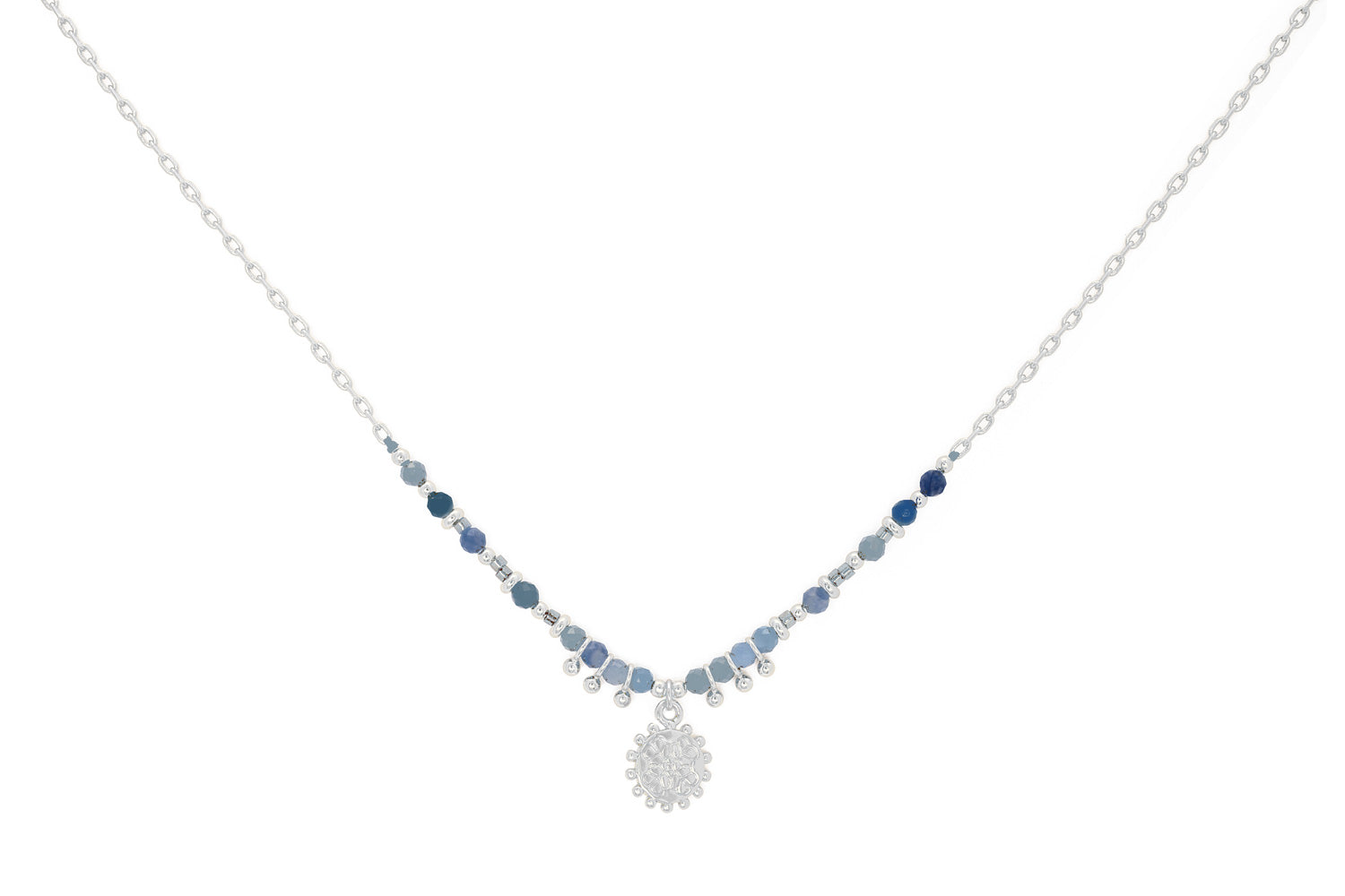 Fuji sodalite silver gemstone beaded necklace with mandala pendant and 50cm adjustable chain