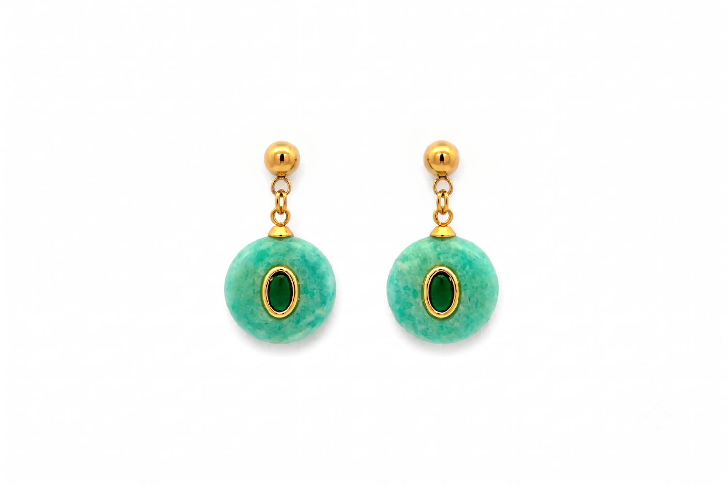 Galia Amazonite Gold Gemstone Drop Earrings featuring polished Amazonite gemstone drops with inset deep green crystals in waterproof 14k Gold PVD stainless steel.