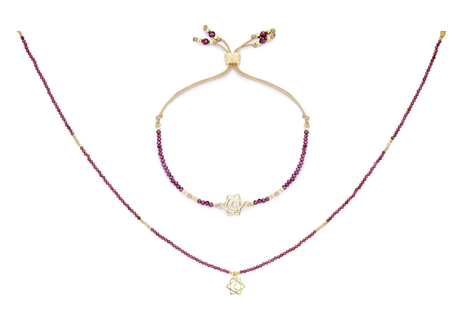 Garnet & Sunstone Gold Sacral Chakra Necklace and Bracelet Set featuring red garnet beads, peach sunstone accents, 12k gold-plated beads, and a Sacral Chakra charm symbolising creativity and passion.