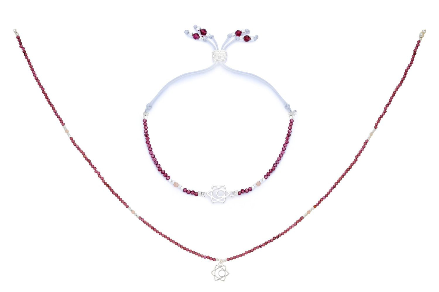 Garnet & Sunstone Silver Sacral Chakra Necklace and Bracelet Set featuring deep red garnet beads, peach-toned sunstone accents, silver-plated beads, and a Sacral Chakra charm symbolising creativity and emotional flow.