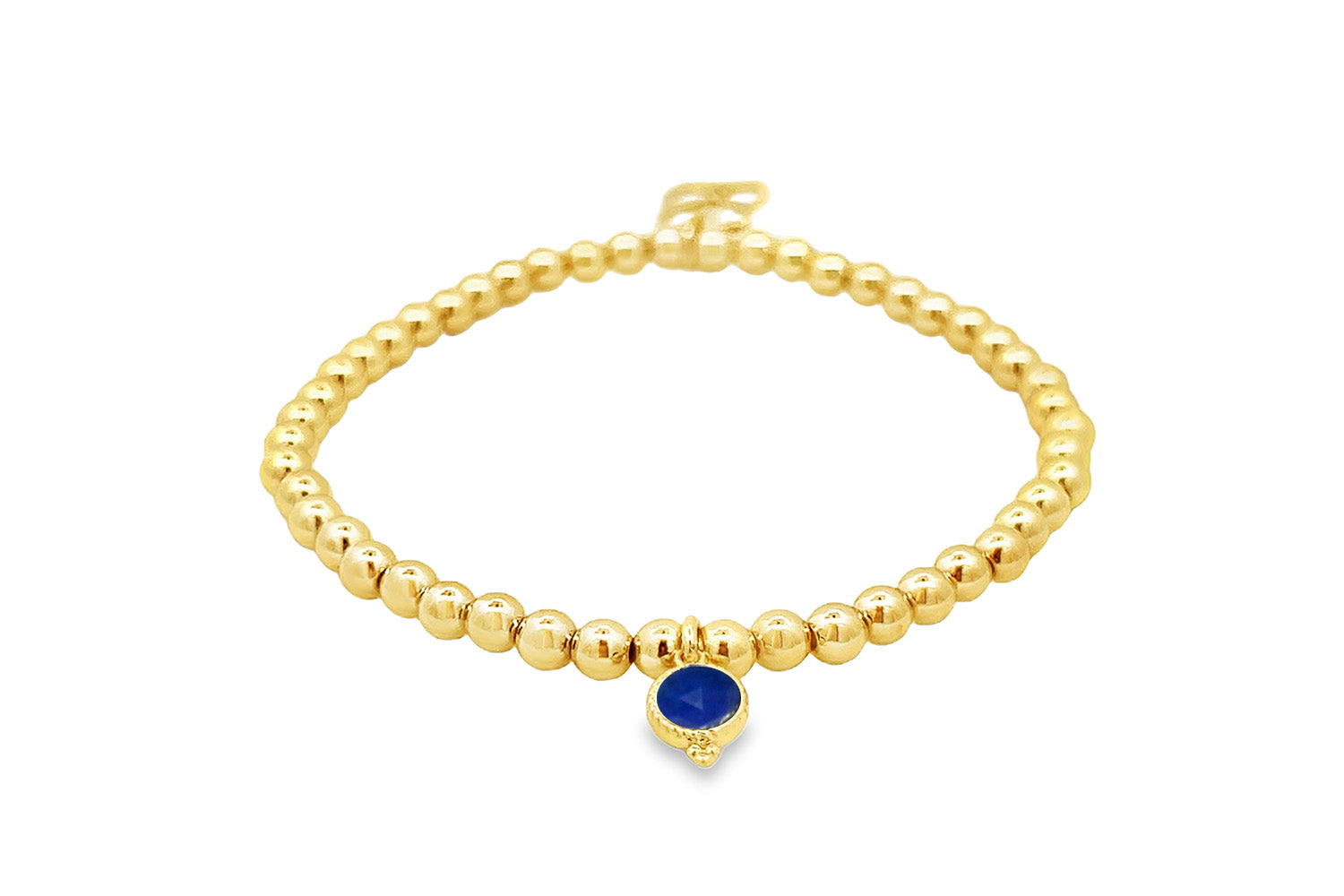 Gold Lapis Lazuli September Birthstone Charm Bracelet with polished gold beads and a genuine deep-blue Lapis Lazuli gemstone charm.