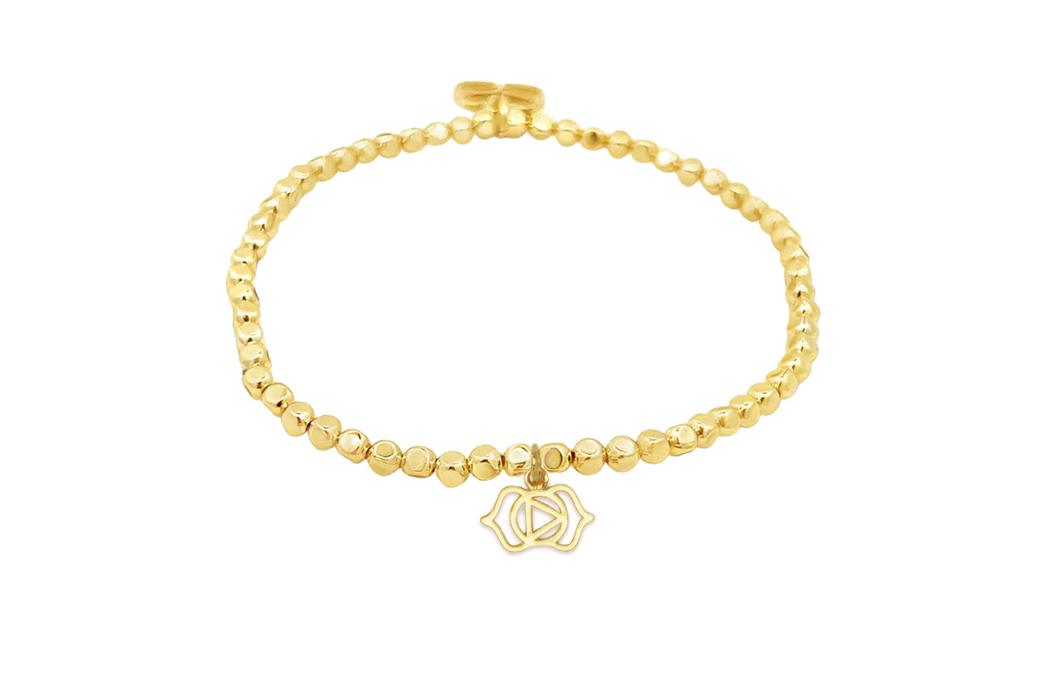Gold Third Eye Chakra Charm Bracelet with polished gold beads and a symbolic Third Eye Chakra charm.