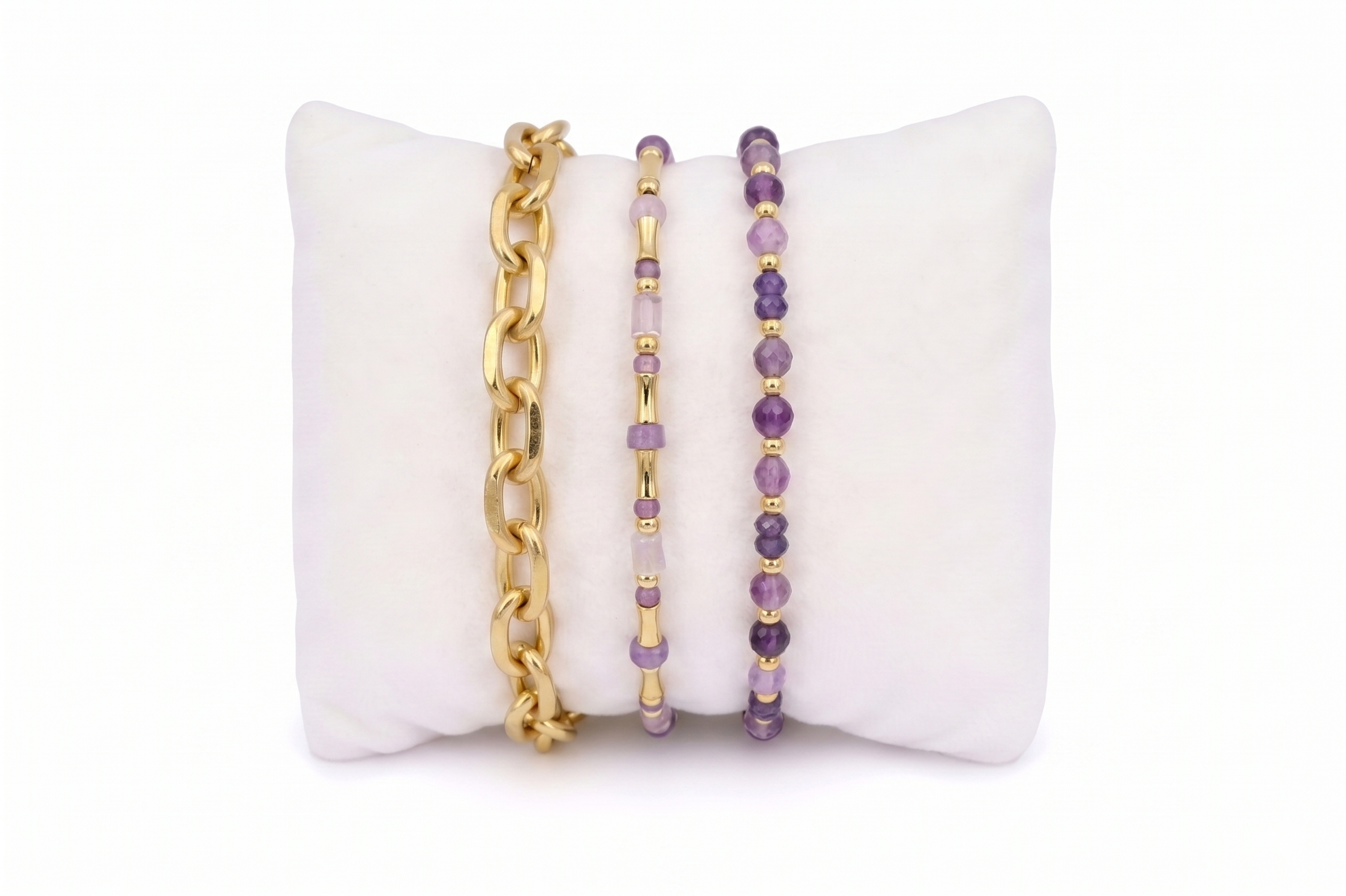 Granito Amethyst & Gold Stacking Bracelets, faceted amethyst with gold accents and chain, slider and stretch fit in a layered trio.
