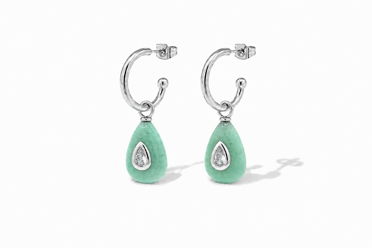 Hana Amazonite Silver Hoop Earrings featuring Amazonite gemstone drops with clear crystal details on waterproof rhodium-plated stainless steel hoops.