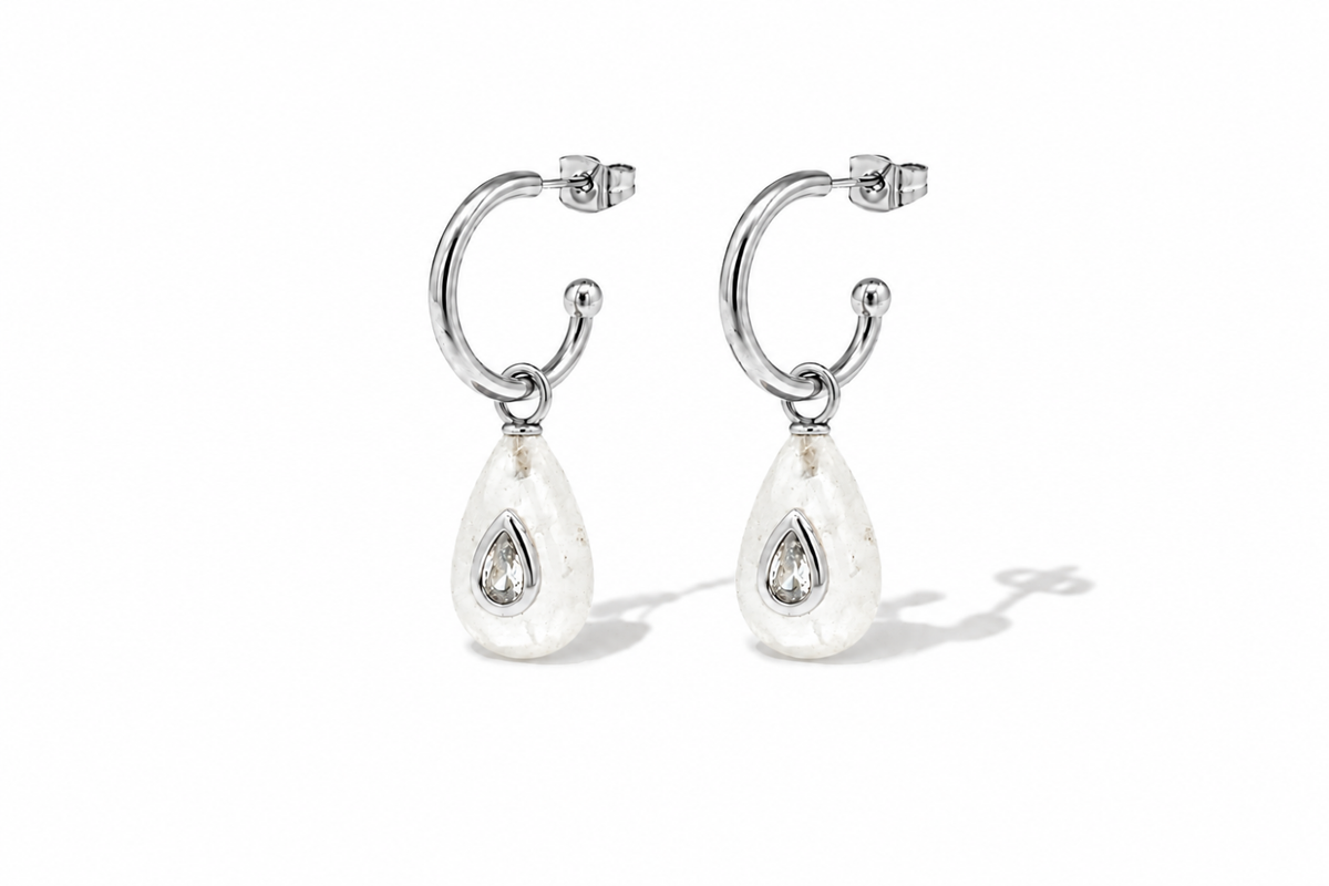 Hana clear quartz teardrop gemstone hoop earrings in silver, a Boho Betty AW26 waterproof earring