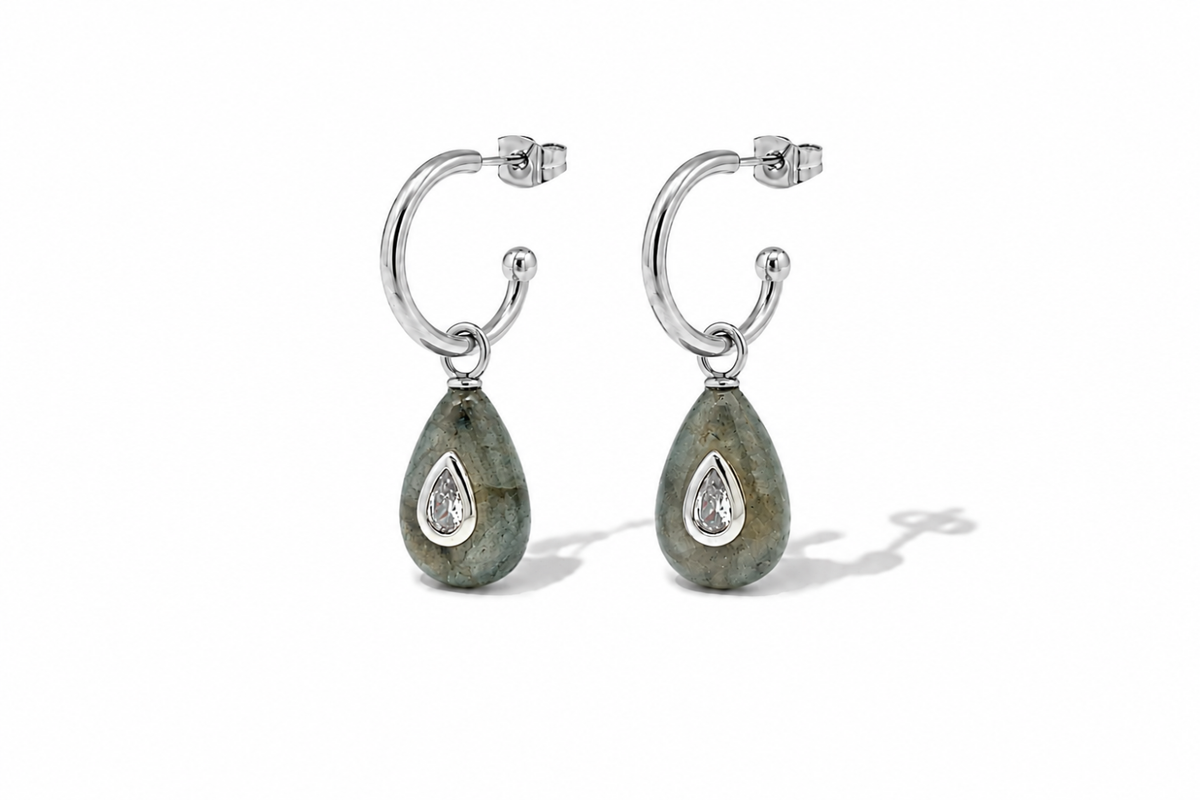 Hana labradorite teardrop gemstone hoop earrings in silver, a Boho Betty AW26 waterproof earring