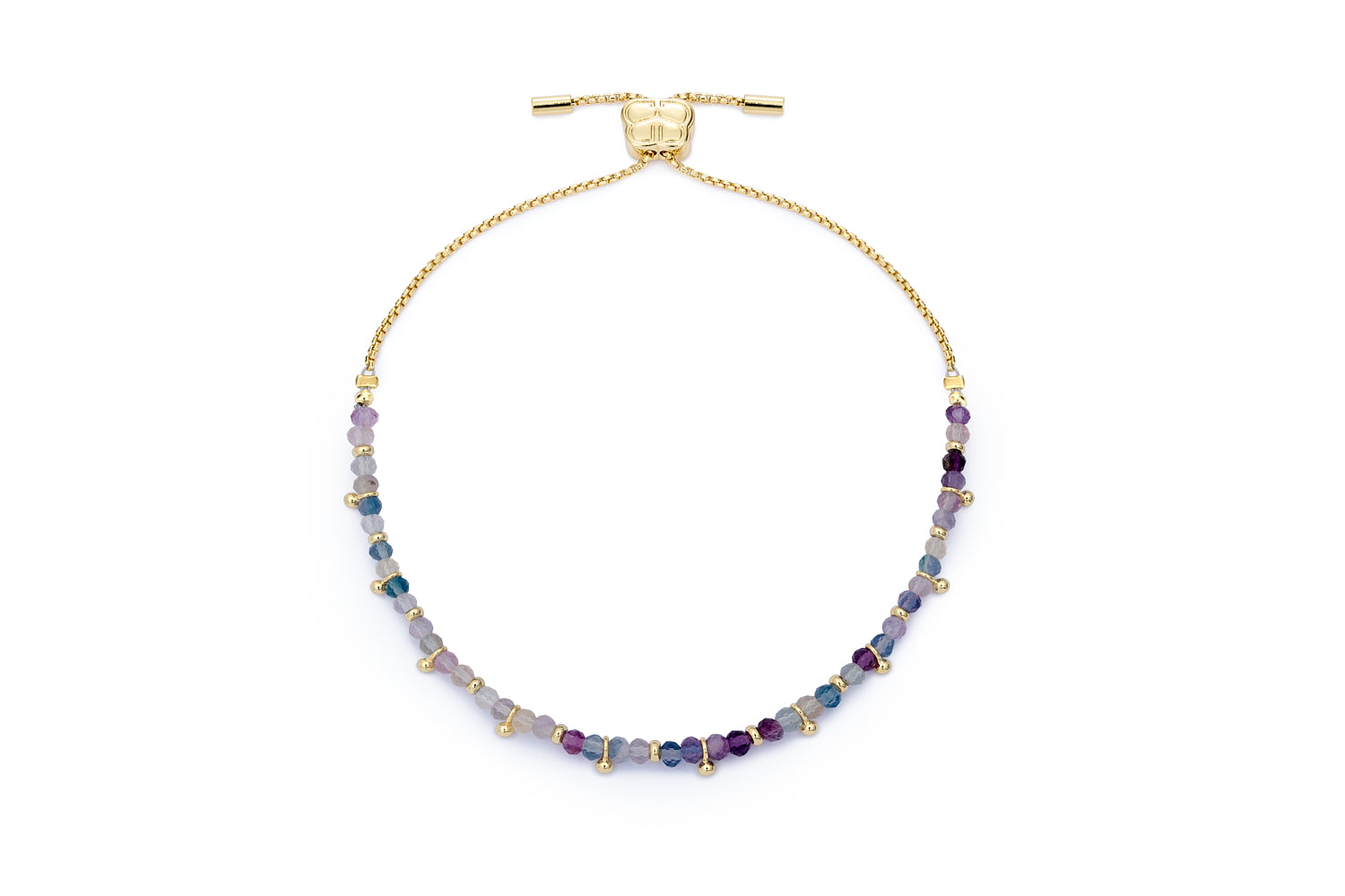 Harmony Gold & Rainbow Fluorite Bead Bracelet featuring soft purples, blues, and greys, strung on a delicate 12k gold-plated chain with an adjustable slider fastening.