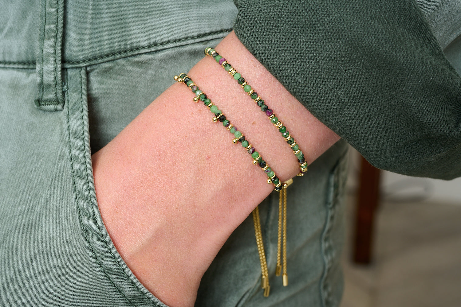 Harmony Gold & Ruby Zoisite Gemstone Bracelet styled with warm tones and natural textures for a radiant, everyday boho look.