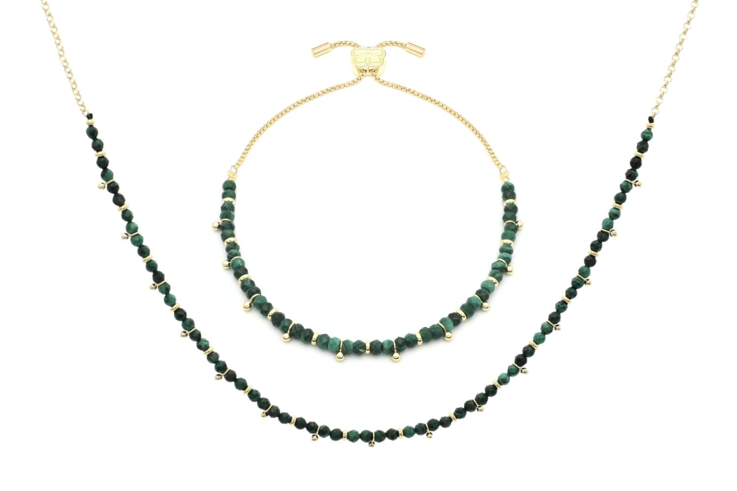 Harmony Malachite Necklace and Bracelet Set featuring vivid green malachite gemstone beads, 12k gold-plated accents, and adjustable designs for a refined and elegant look.