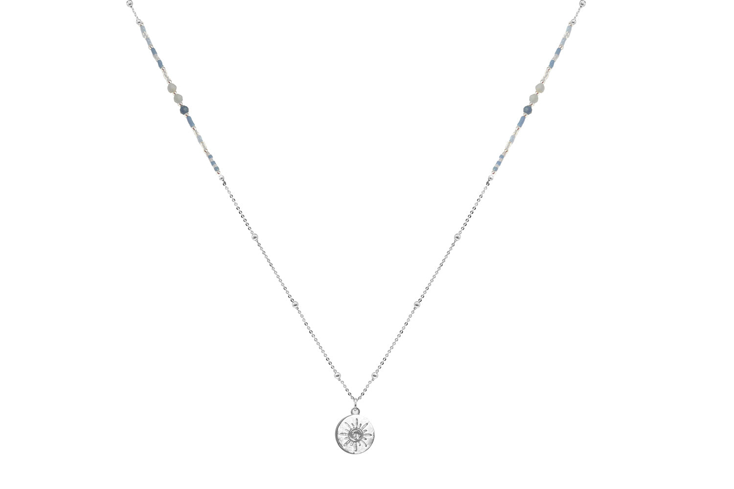 Hebe sodalite silver long necklace with beaded chain and sunburst pendant