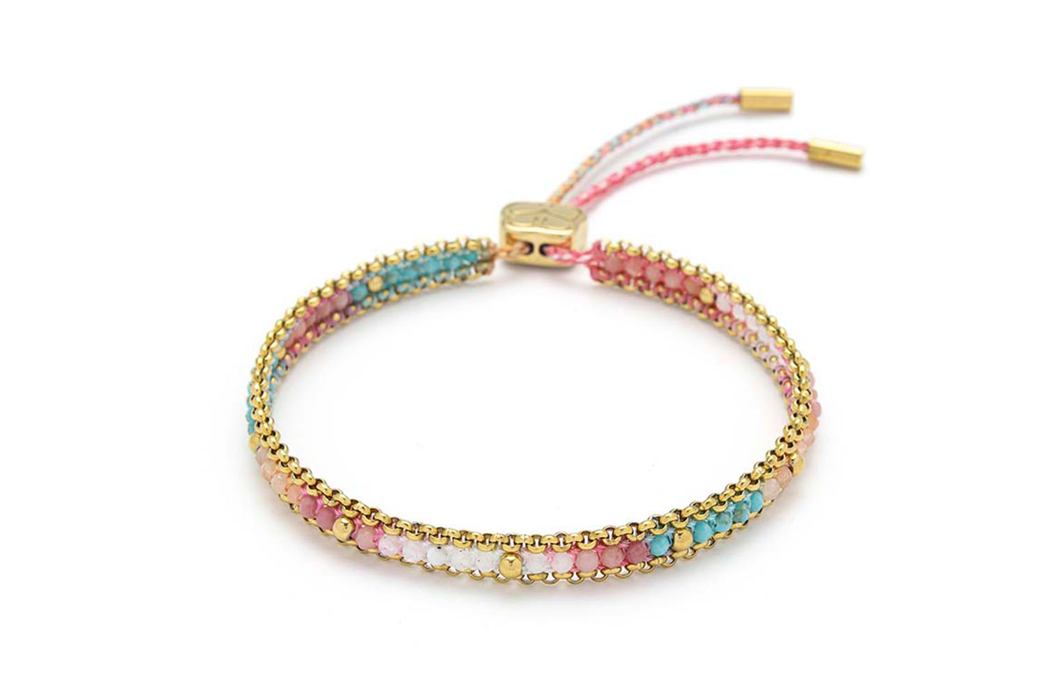 Helaine Gold & Candy Gemstone Braided Bracelet featuring soft-hued gemstones, 12k gold-plated accents, and an adjustable pull-tie slider for a custom fit and easy stacking.