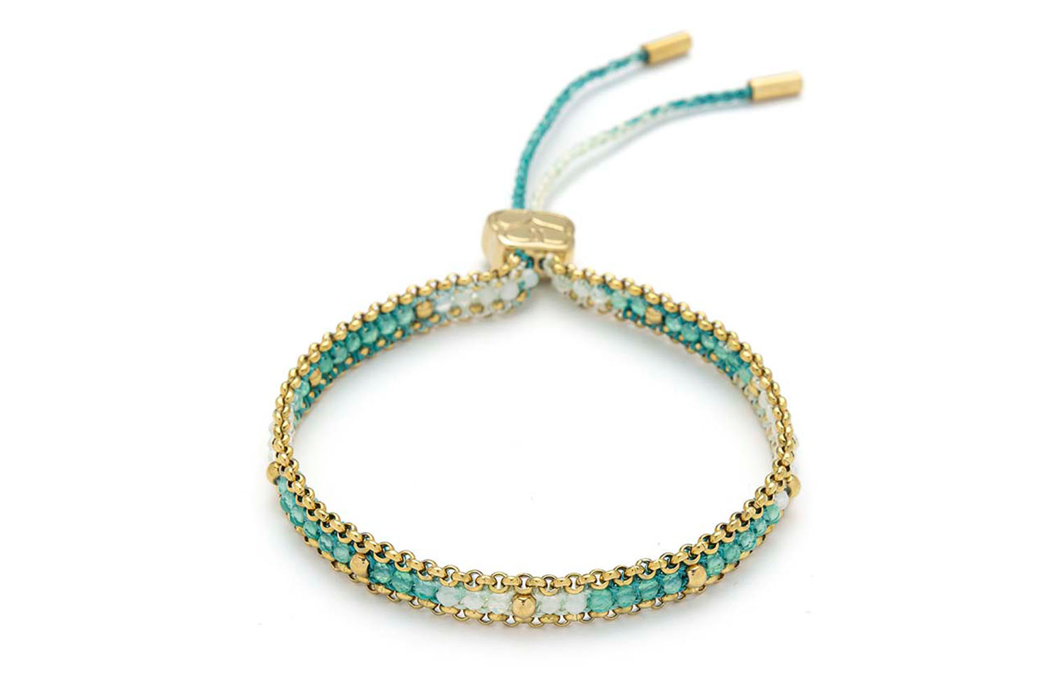 Helaine Turquoise Gold Friendship Bracelet featuring green agate and crystal beads handwoven into a turquoise thread with gold PVD chain for a mindful, boho-luxe look.