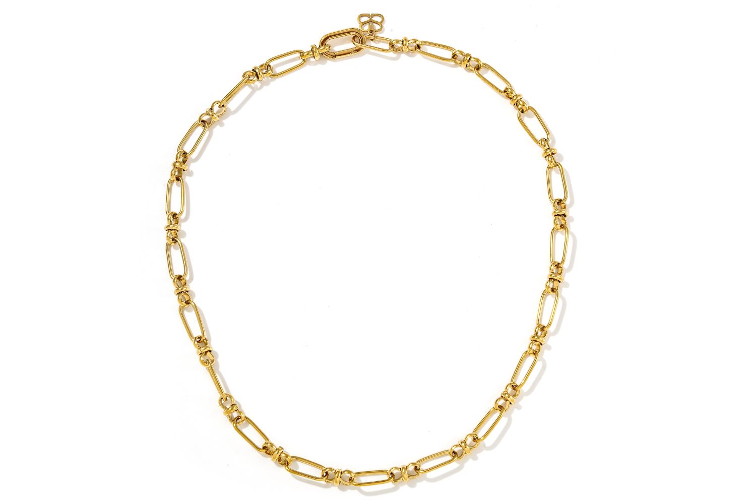 Helia Oval Chain Gold Necklace with twisted oval links and 14k gold PVD finish, 50cm length.