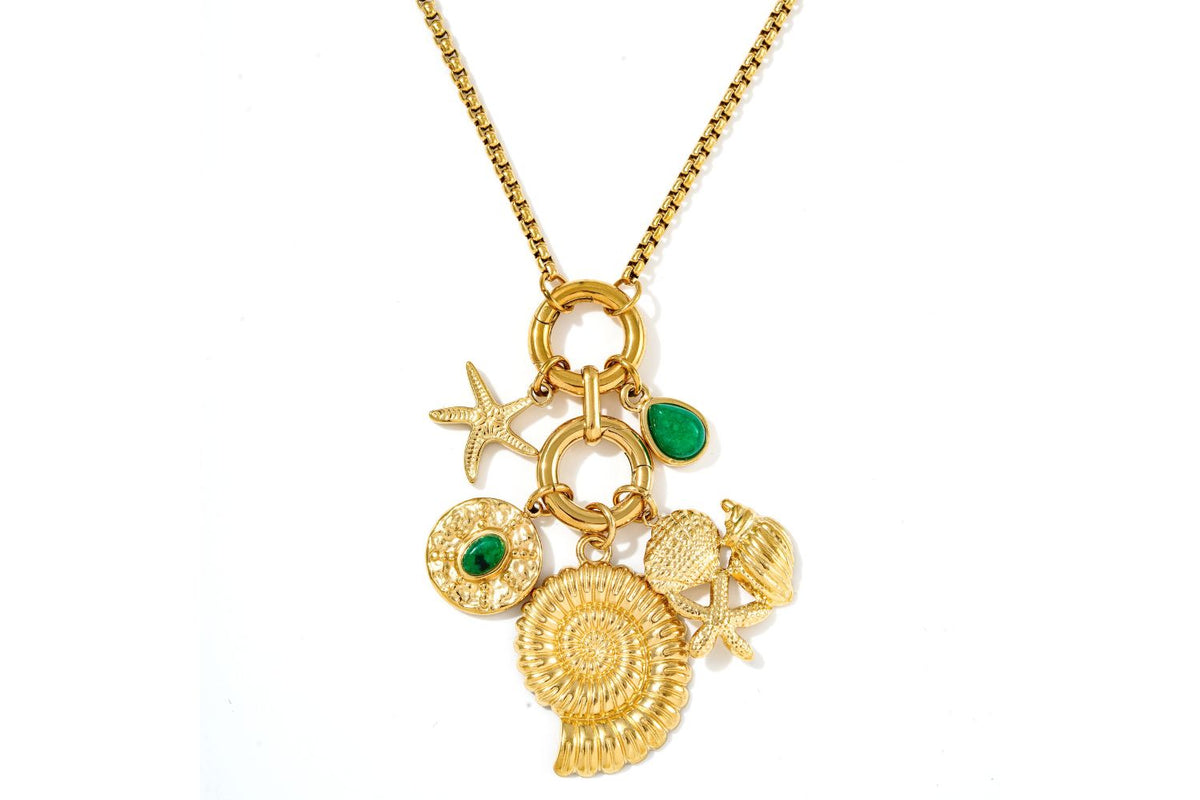 Hemani Gold & Green Agate Detachable Charm Long Pendant Necklace