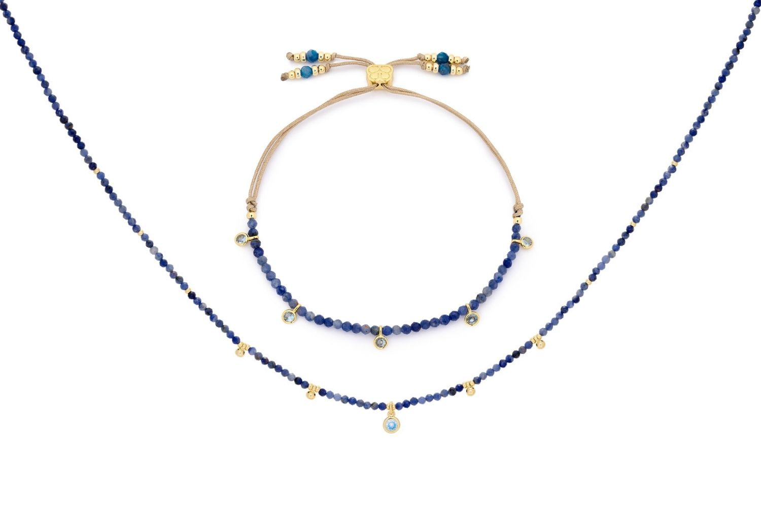 Holly Blue Aventurine Necklace and Bracelet Set featuring blue aventurine beads, ocean spray CZ charms, and 12k gold-plated accents, designed for a calming and elegant look.