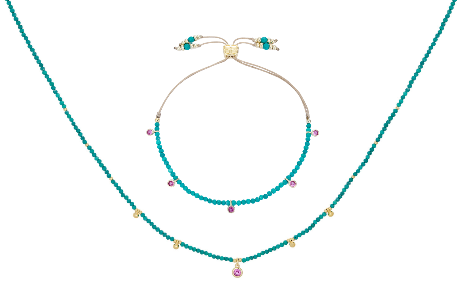 Holly Turquoise Howlite and Pink Necklace and Bracelet Set featuring vibrant Turquoise howlite gemstone beads, pink CZ charms, and 12k gold-plated accents, designed for a fresh and elegant summer look.