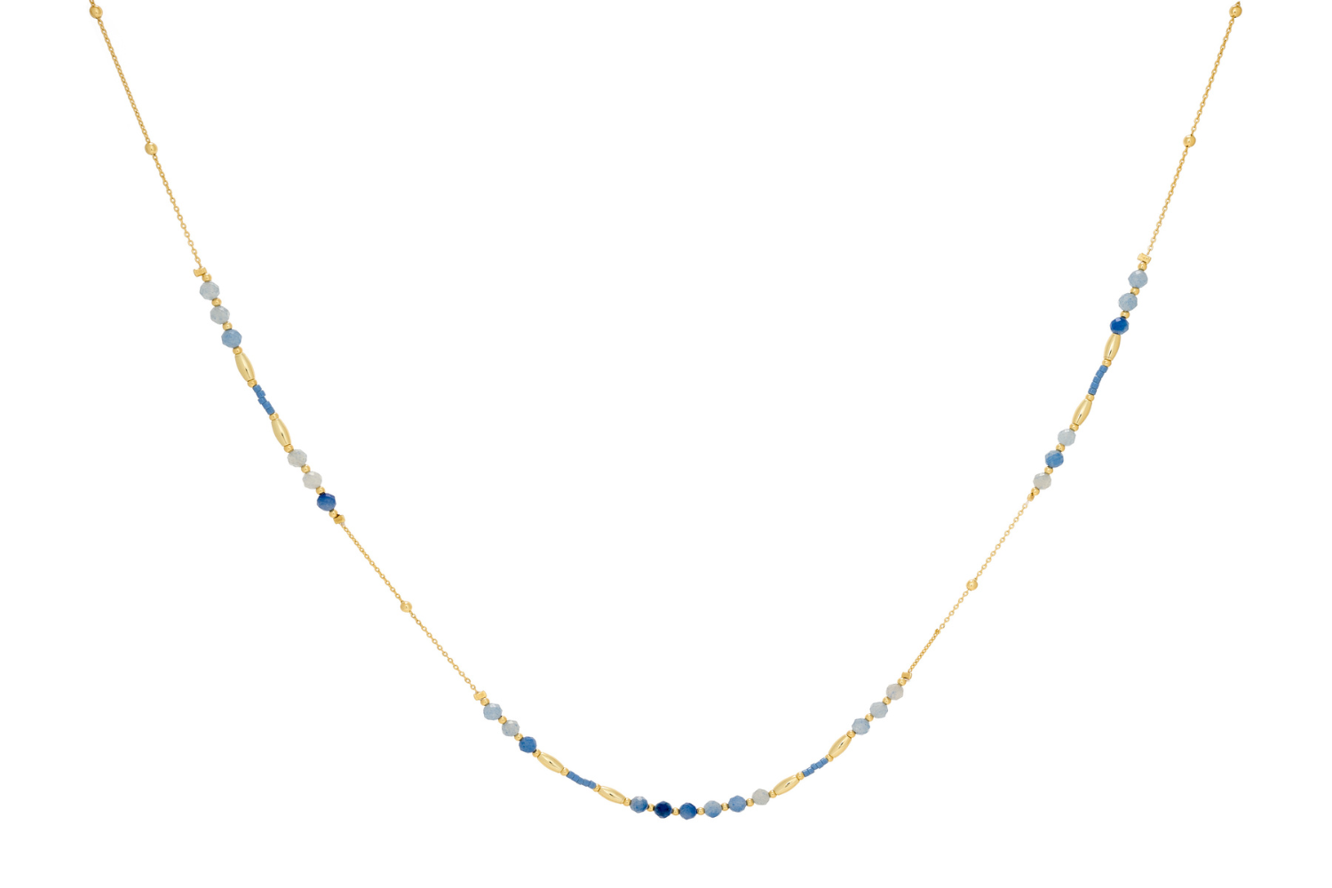 Horus Gold & Blue Aventurine Gemstone Necklace featuring faceted Blue Aventurine beads and 12k gold-plated accents, with an adjustable chain design for versatile wear.