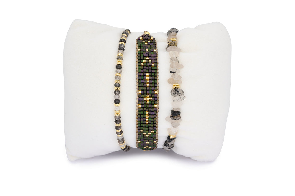 Ishihama Black Rutilated Quartz Gold Stacking Bracelet