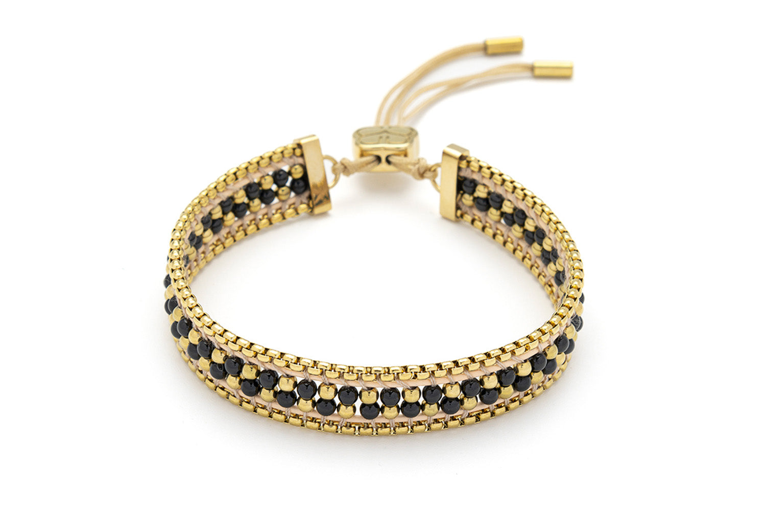 Isla Black Spinel Gold Friendship Bracelet featuring faceted black spinel gemstones and 14k gold PVD-plated accents with adjustable thread slider.