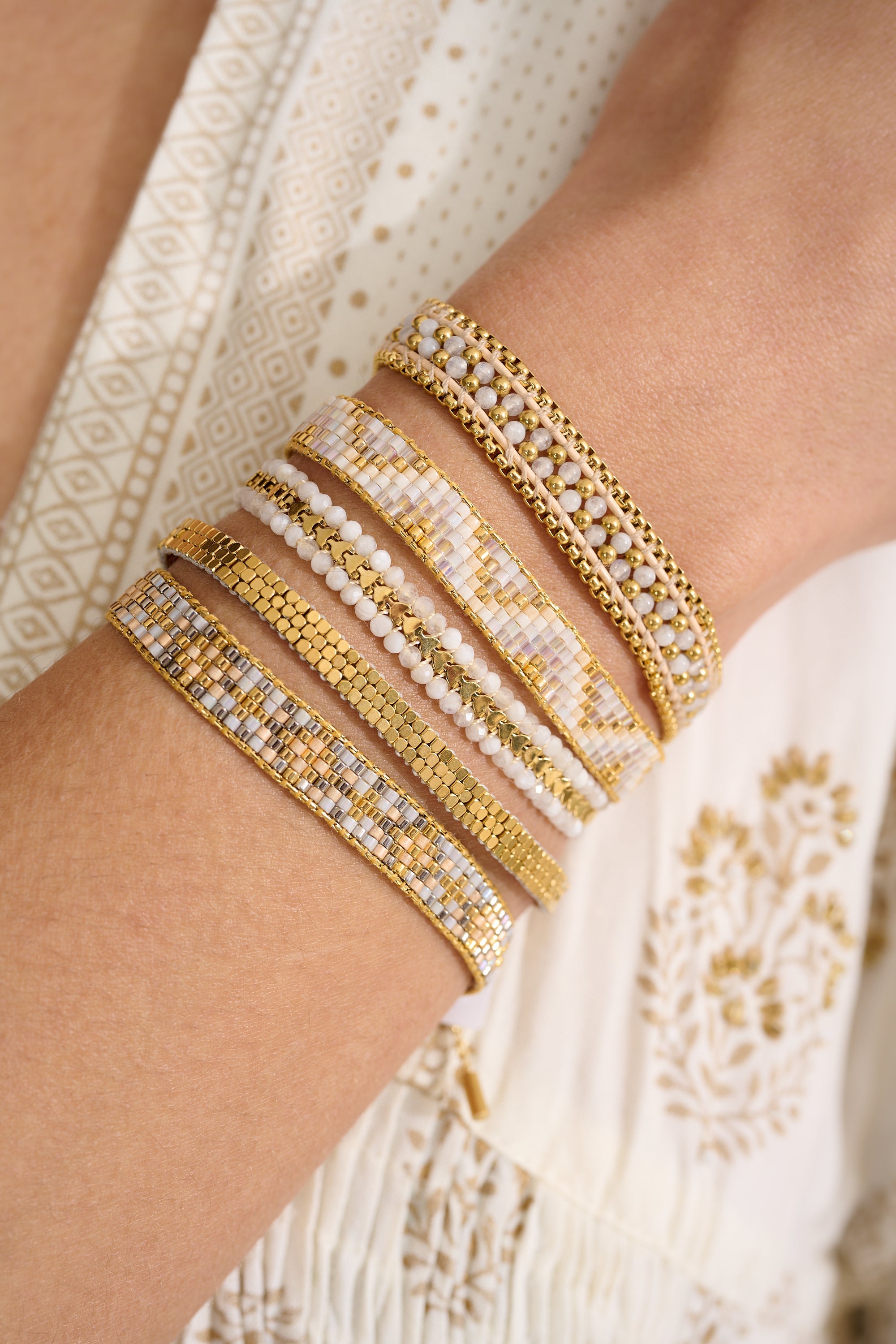 Isla White Moonstone Gold Bracelet styled on the wrist, showcasing delicate moonstone beads and golden accents, perfect for everyday boho-luxe looks.