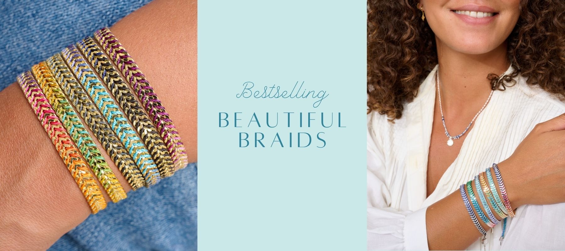 A vibrant stack of Boho Betty’s Iztac braided bracelets in rainbow hues—featuring metallic gold and silver chevron-style weave with pops of colour from pink, orange, yellow, green, turquoise, and purple threads. A woman smiles in a white blouse, effortlessly pairing the bracelets with a delicate charm necklace. The text reads: “Bestselling Beautiful Braids.”