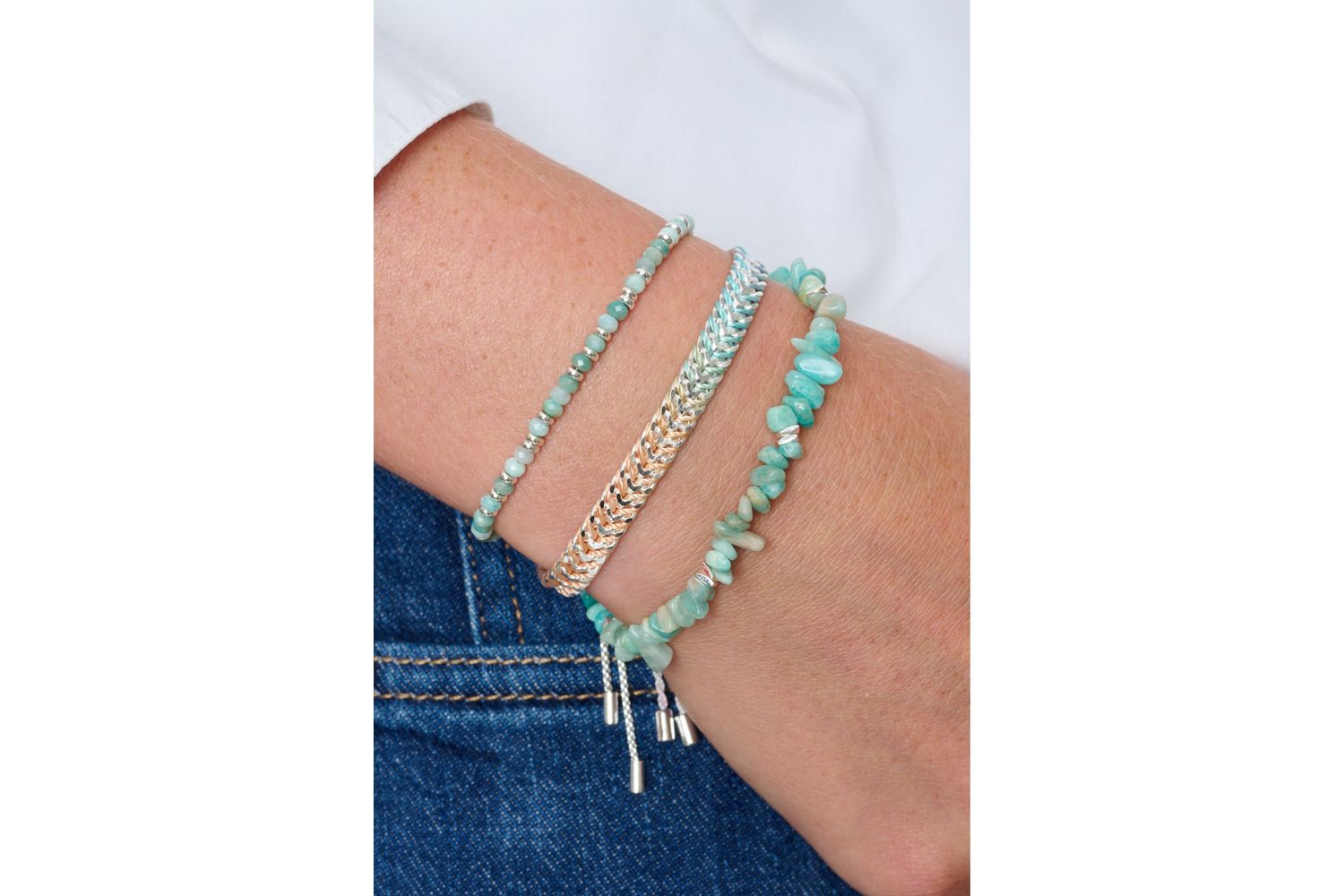 Iztac Candy Silver Braided Bracelet featured on wrist with Boho Betty stacking bracelets