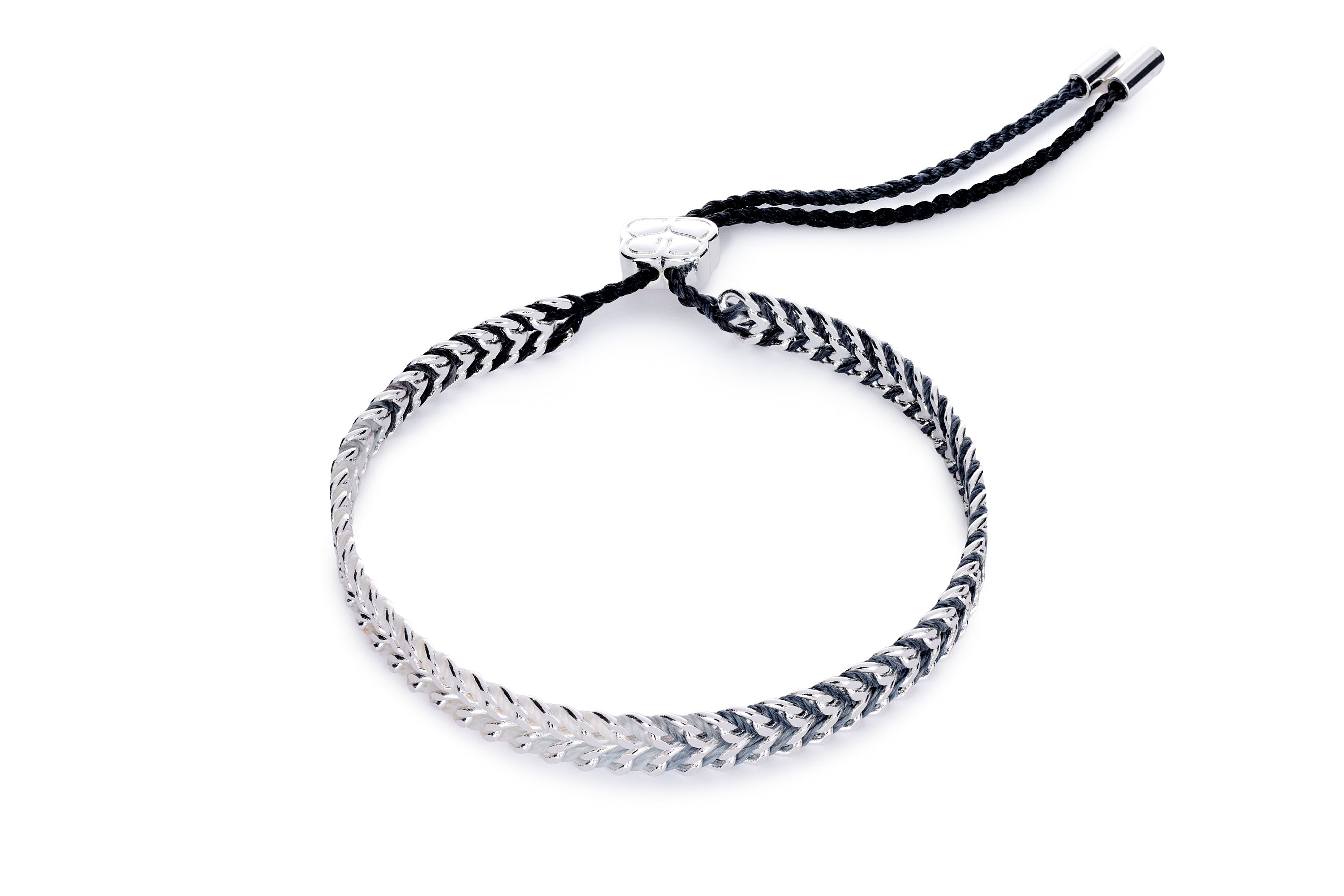 Iztac charcoal and silver braided friendship bracelet with sterling silver-plated brass chain and adjustable slider