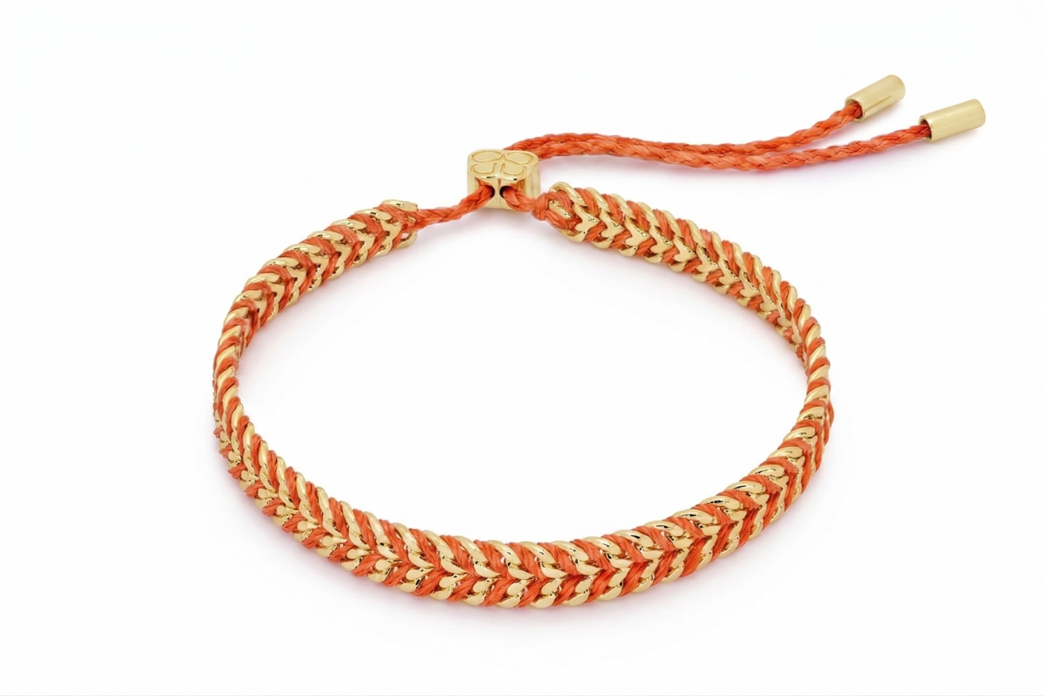 Iztac Gold & Neon Orange Woven Bracelet with bright orange braided thread woven through a polished gold chain and adjustable slider fastening.