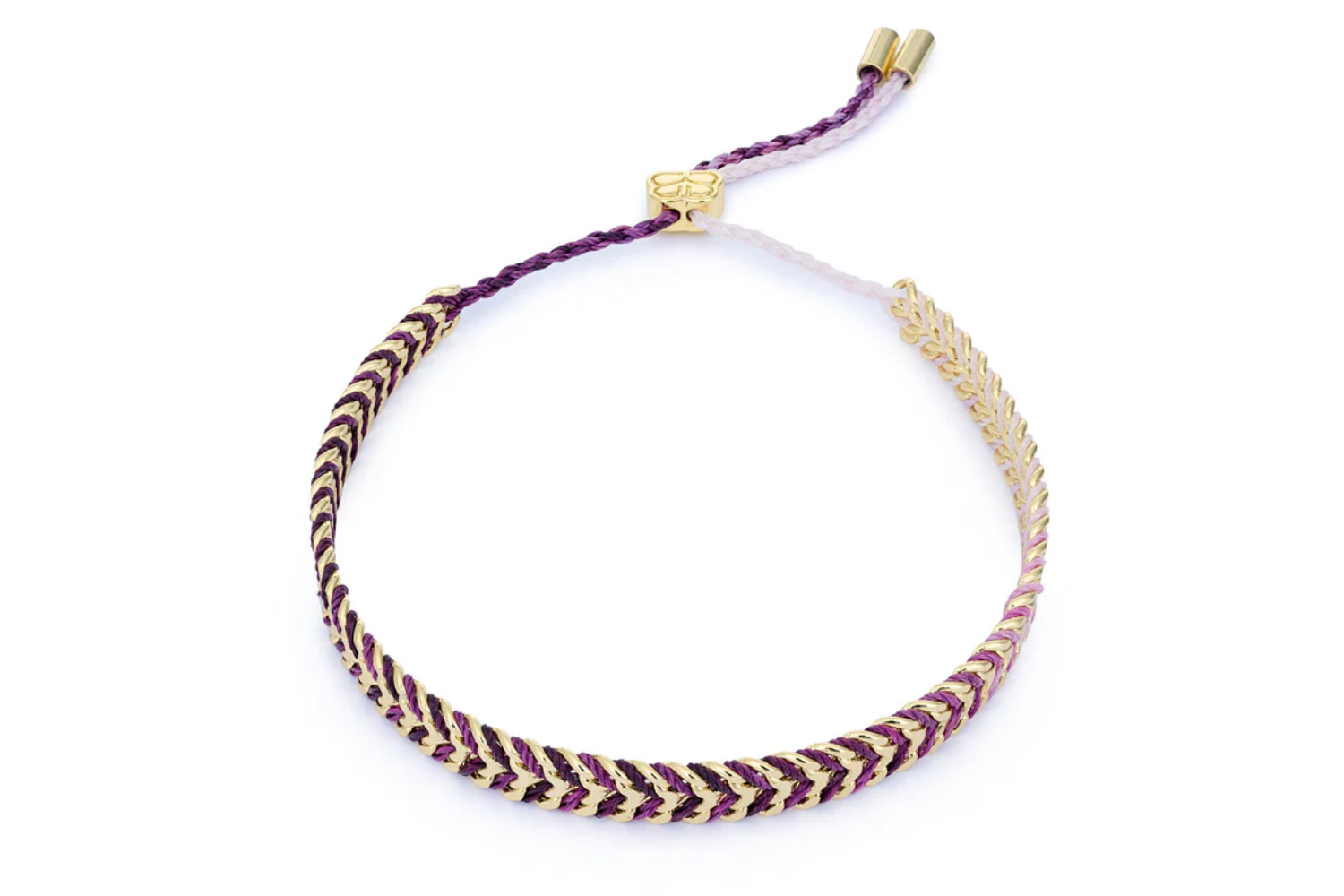 Iztac Gold & Purple Ombre Braided Bracelet featuring handwoven purple ombre threads, gold-plated chevron chain, and adjustable slider fastening.
