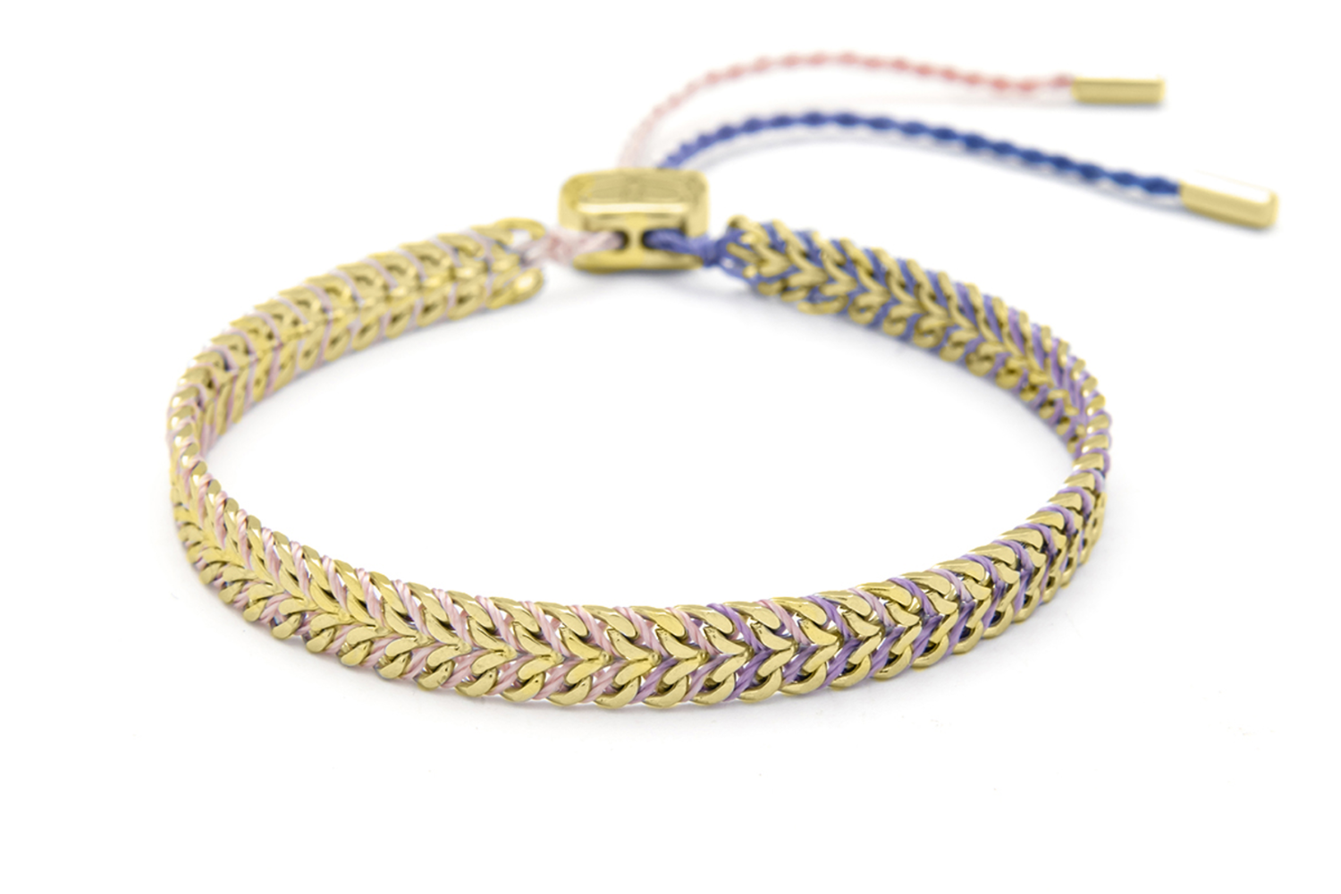 Iztac lilac blush ombre braided bracelet with soft pink and purple threads and gold chain detailing with adjustable slider fastening.