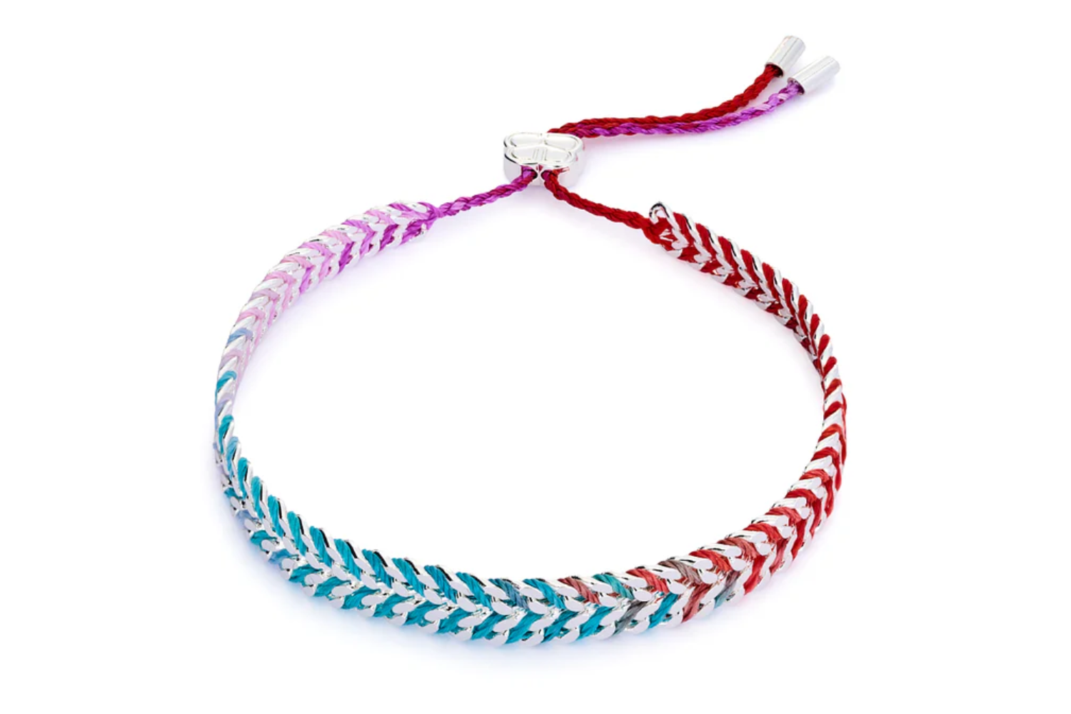 Iztac Moroccan Spice Silver Braided Bracelet featuring woven spice-coloured thread, silver-plated chain, and pull-through slider for adjustable fit.