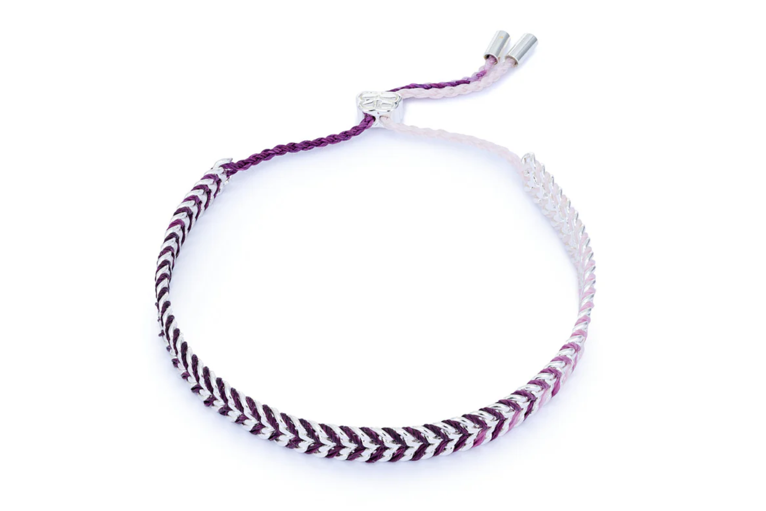 Iztac Silver & Purple Ombre Braided Bracelet with ombre purple threads, silver-plated chain, and an adjustable slider fastening.