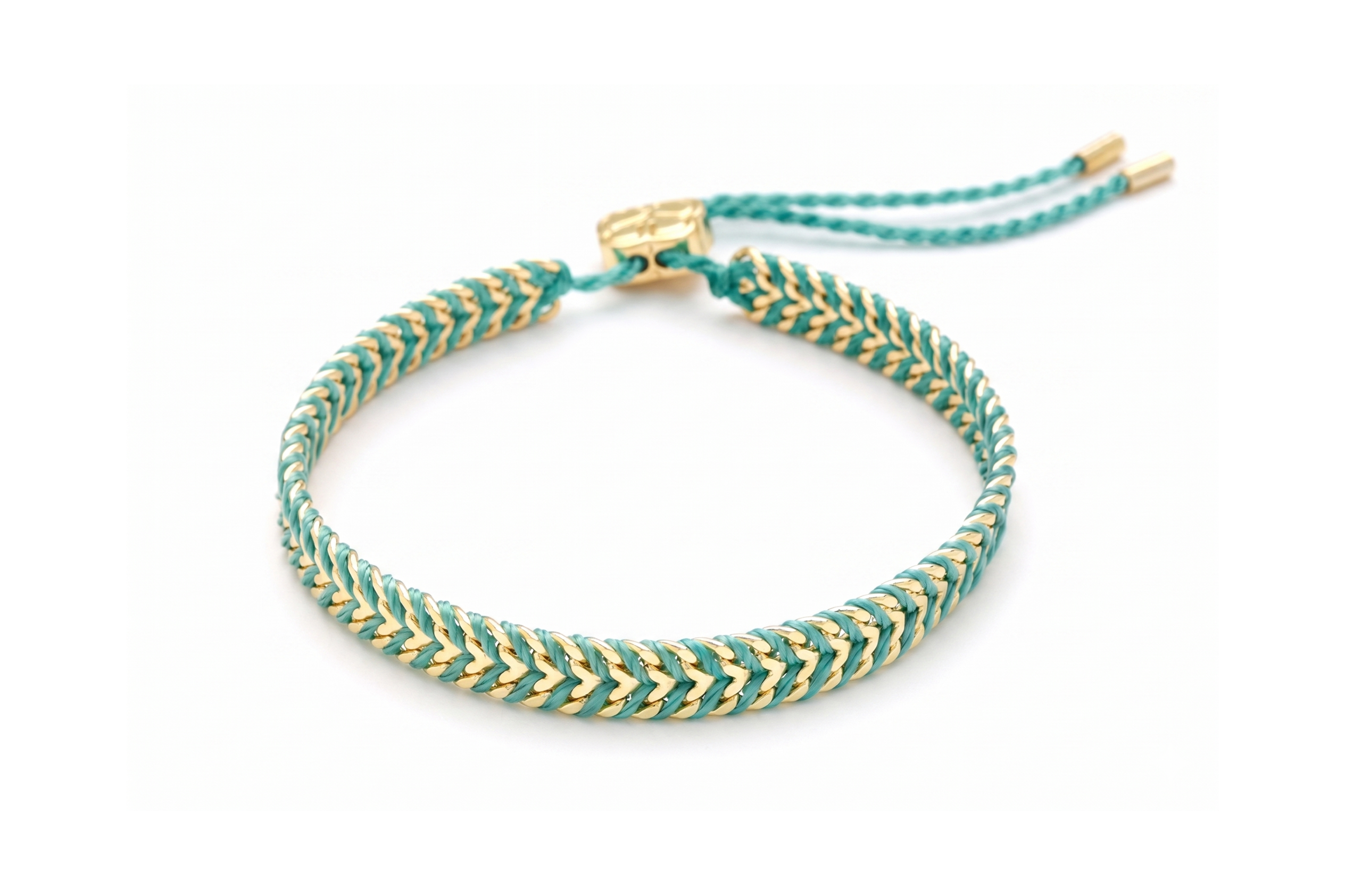 Iztac Teal Gold Woven Bracelet featuring vibrant teal braided thread woven through a polished gold chain with an adjustable slider fastening.